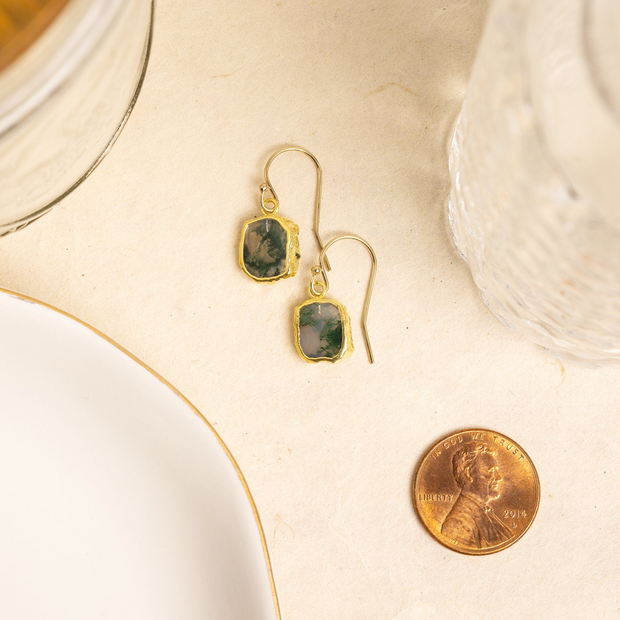 Mini Moss Agate Gold Raw Gemstone Slice Earrings Earrings Soul & Little Rose   