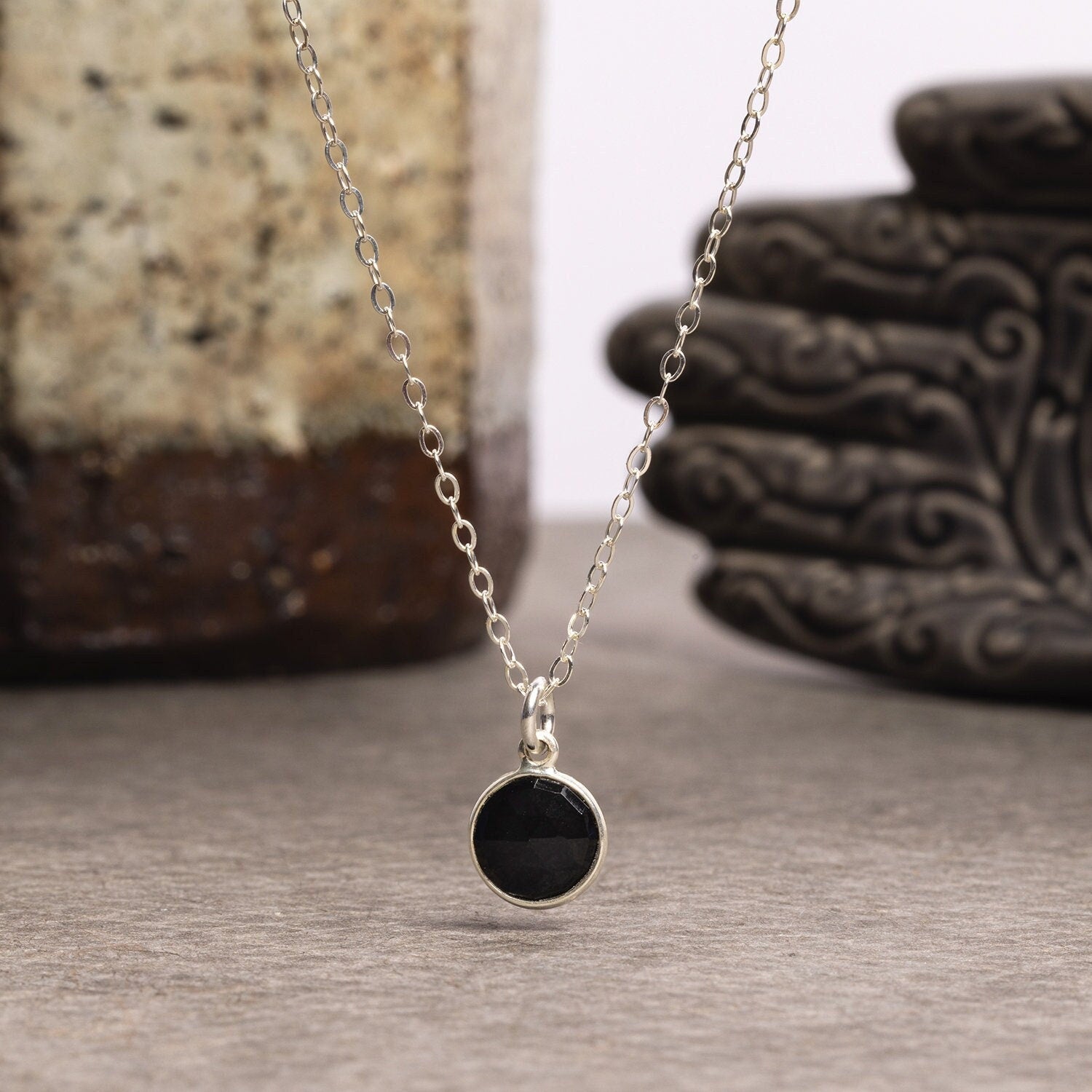 Black Onyx Round Shape Pendant 925 Sterling Silver Dainty Cable Chain Necklaces Soul & Little Rose   