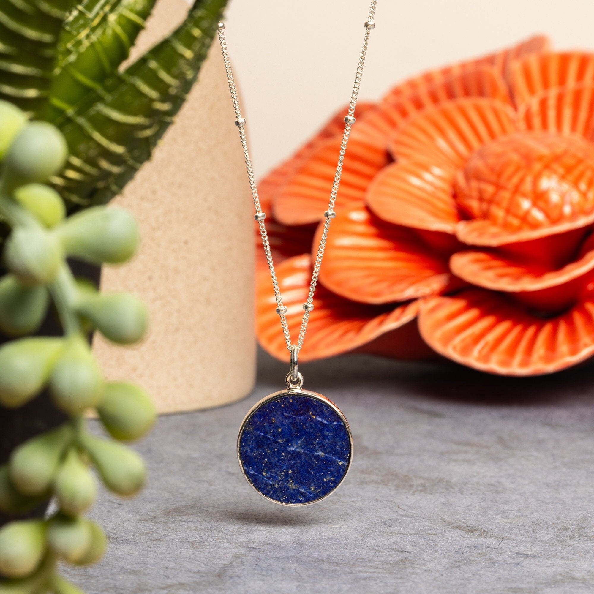 Lapis Lazuli Round Circle Pendant Charm on 925 Sterling Silver Satellite Chain Necklaces Soul & Little Rose   
