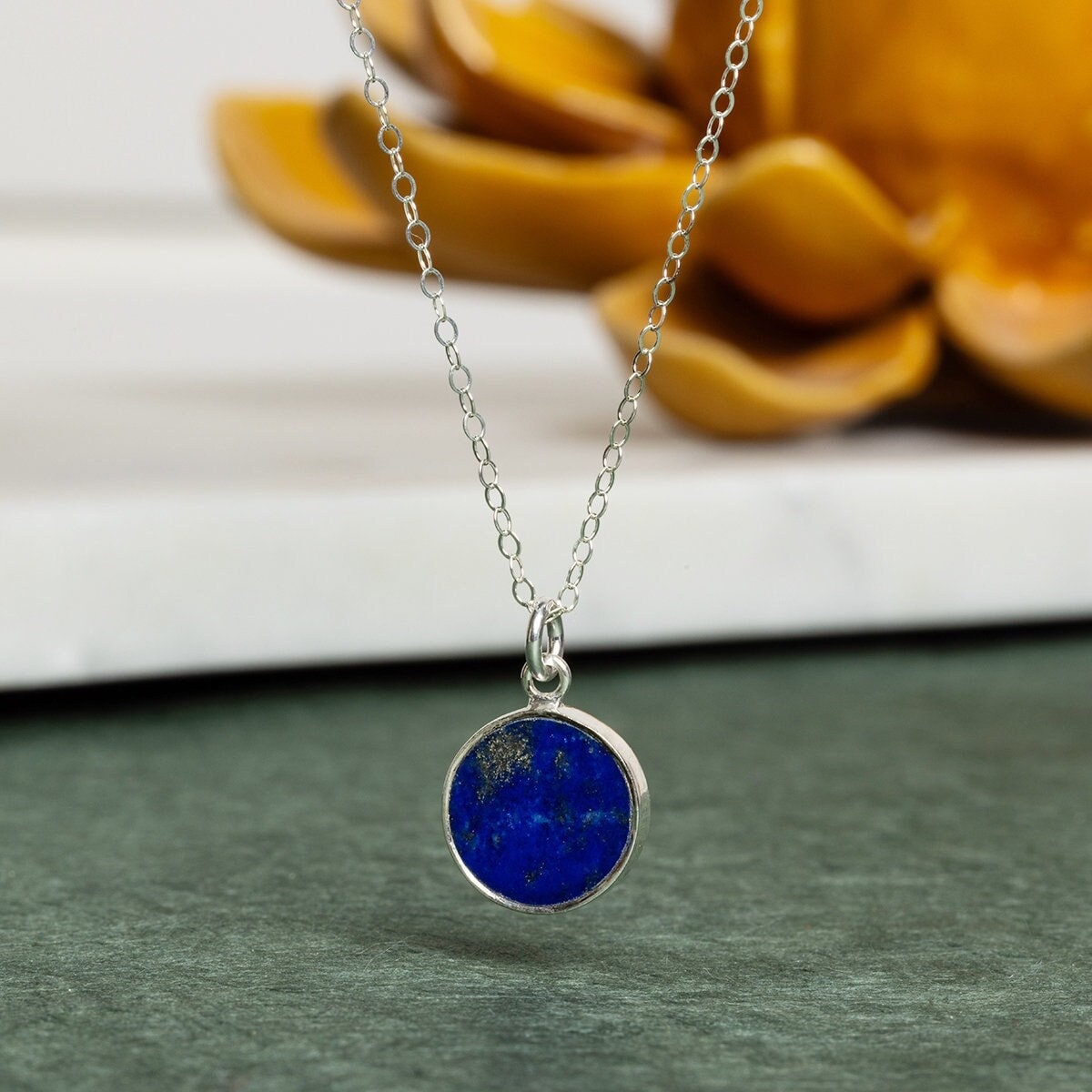 Lapis Lazuli 925 Sterling Silver Circle Shape Pendant on Cable Chain Necklaces Soul & Little Rose   