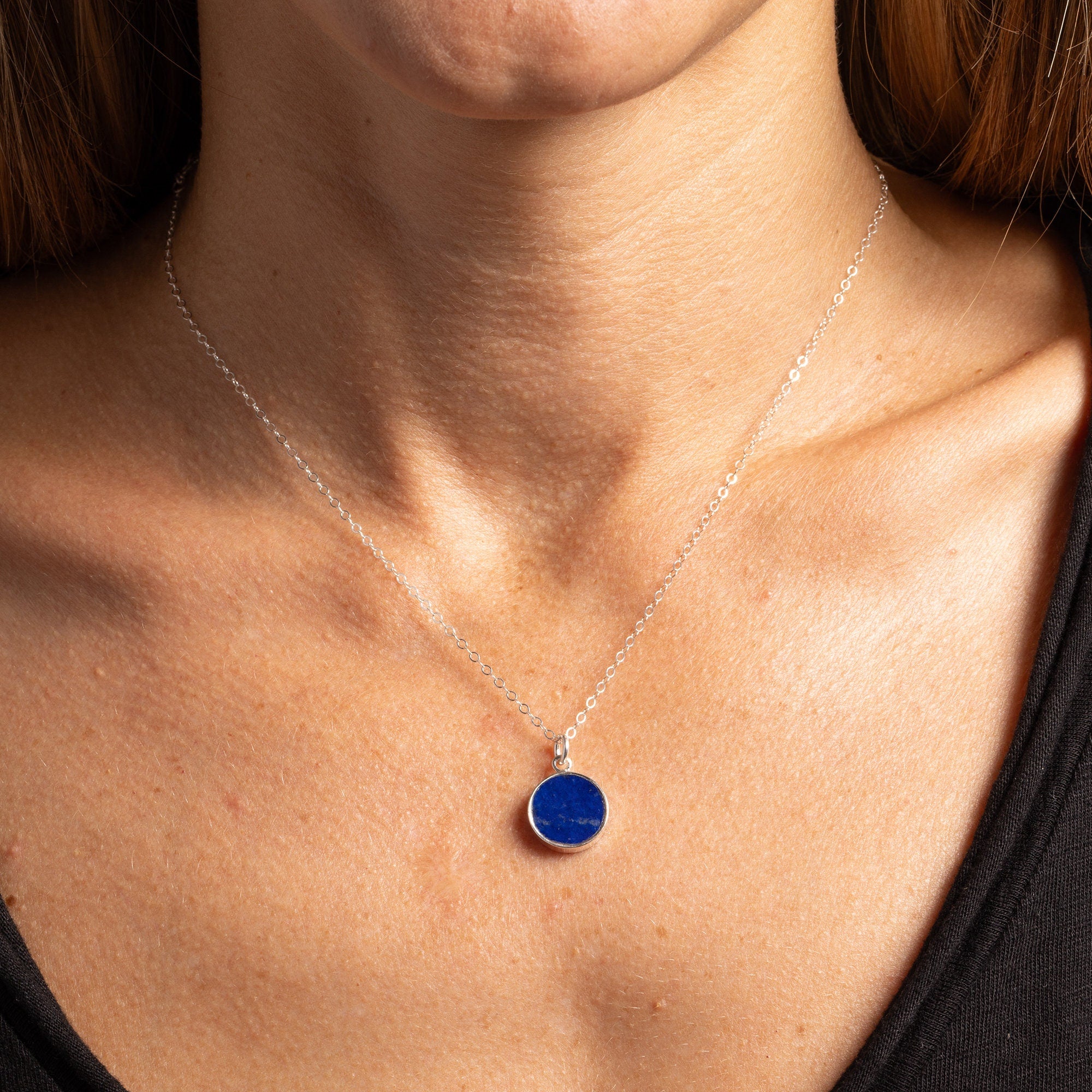 Lapis Lazuli 925 Sterling Silver Circle Shape Pendant on Cable Chain Necklaces Soul & Little Rose   