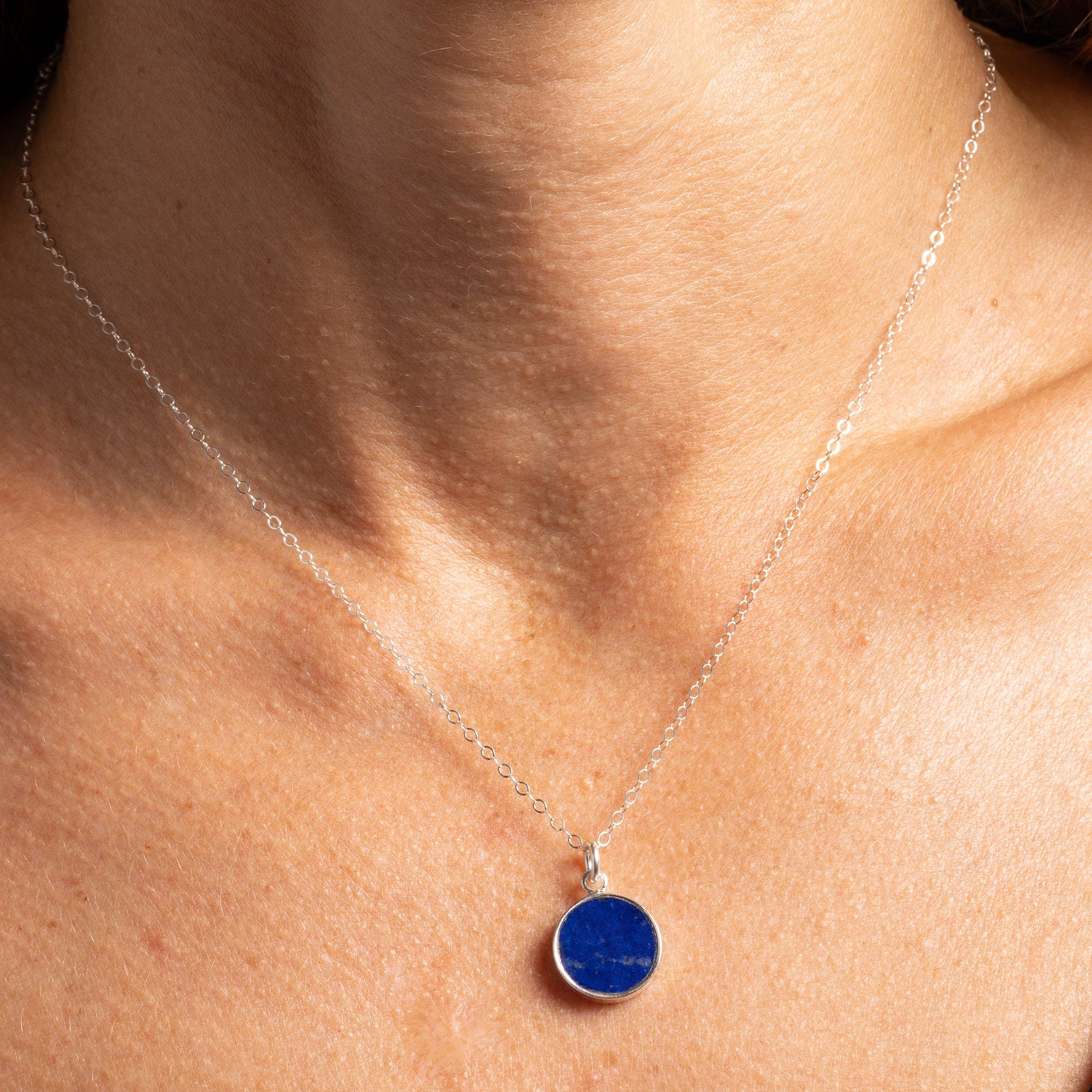 Lapis Lazuli 925 Sterling Silver Circle Shape Pendant on Cable Chain Necklaces Soul & Little Rose   