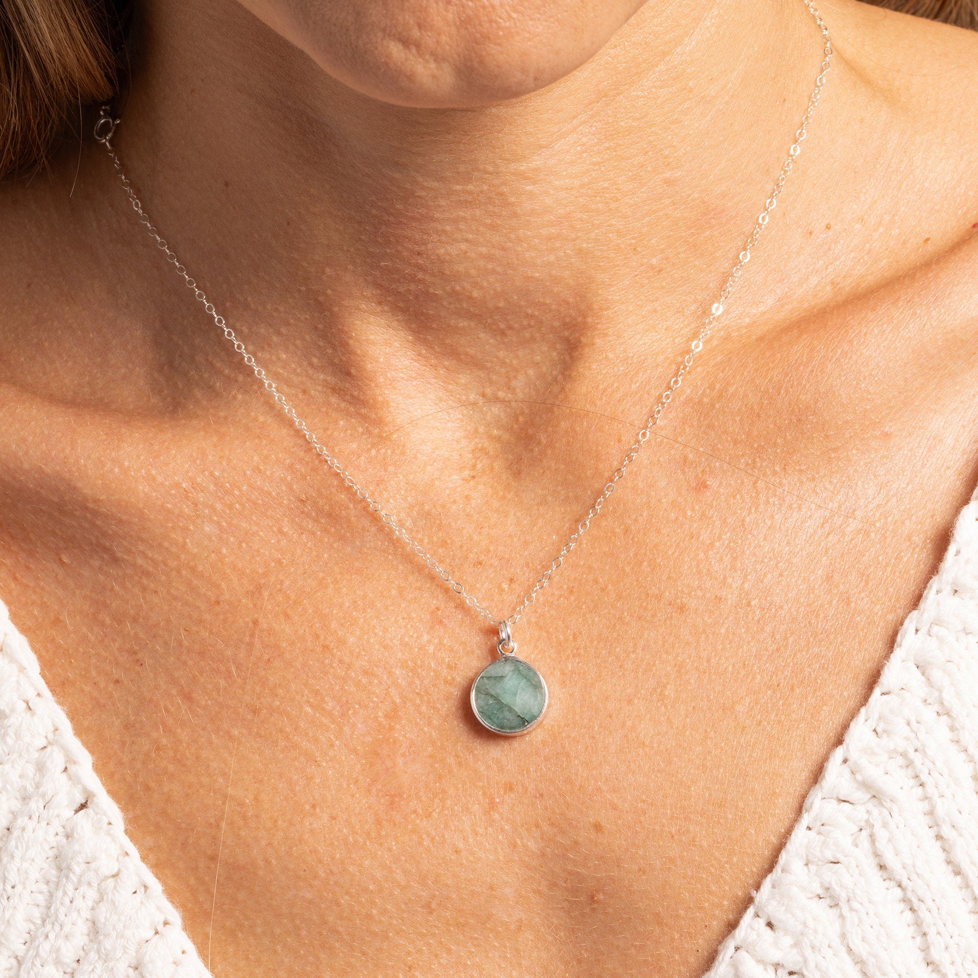 Raw Emerald 925 Sterling Silver Round Disc Pendant on Cable Chain Necklaces Soul & Little Rose   