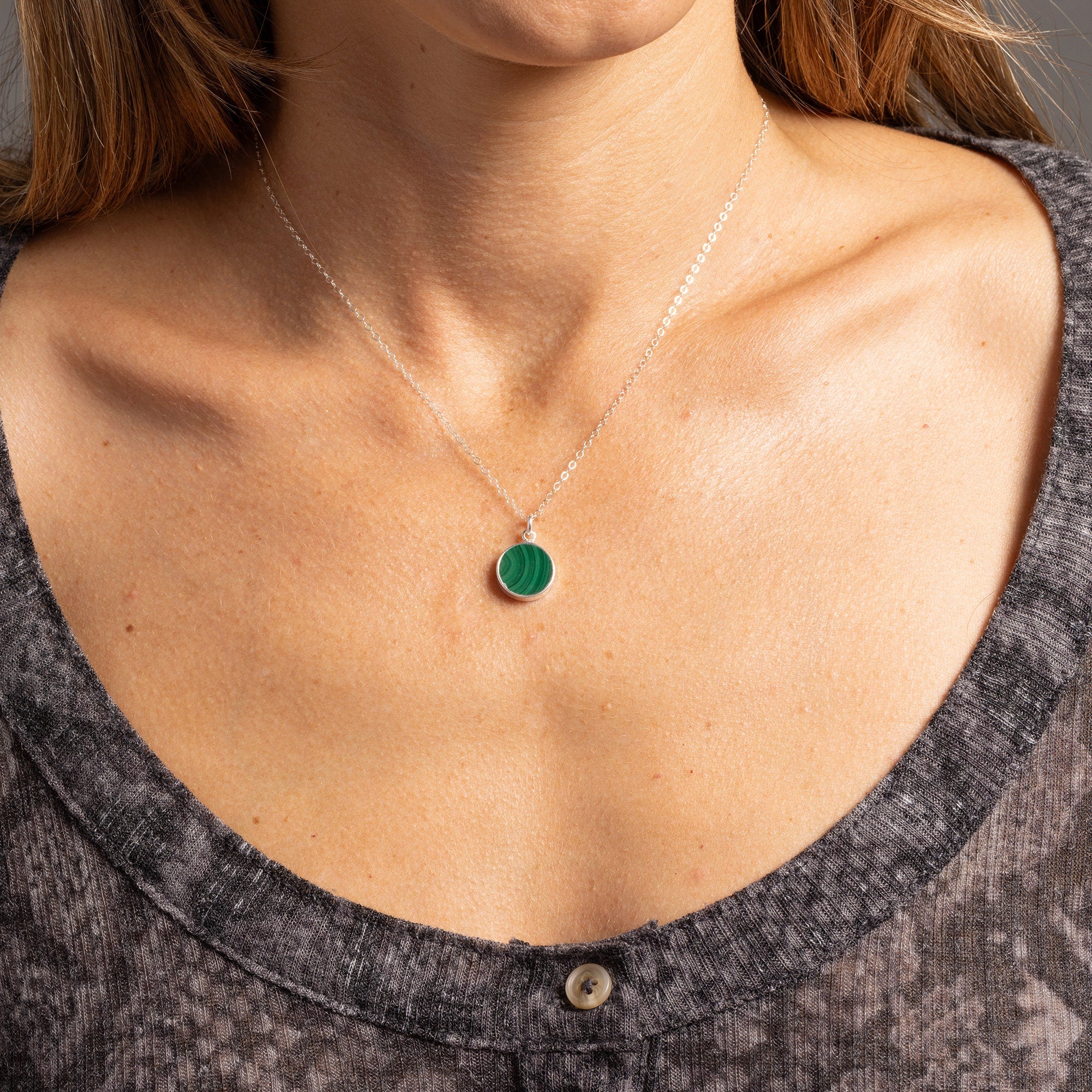 Green Malachite 925 Sterling Silver Circle Shape Pendant on Cable Chain Necklaces Soul & Little Rose   