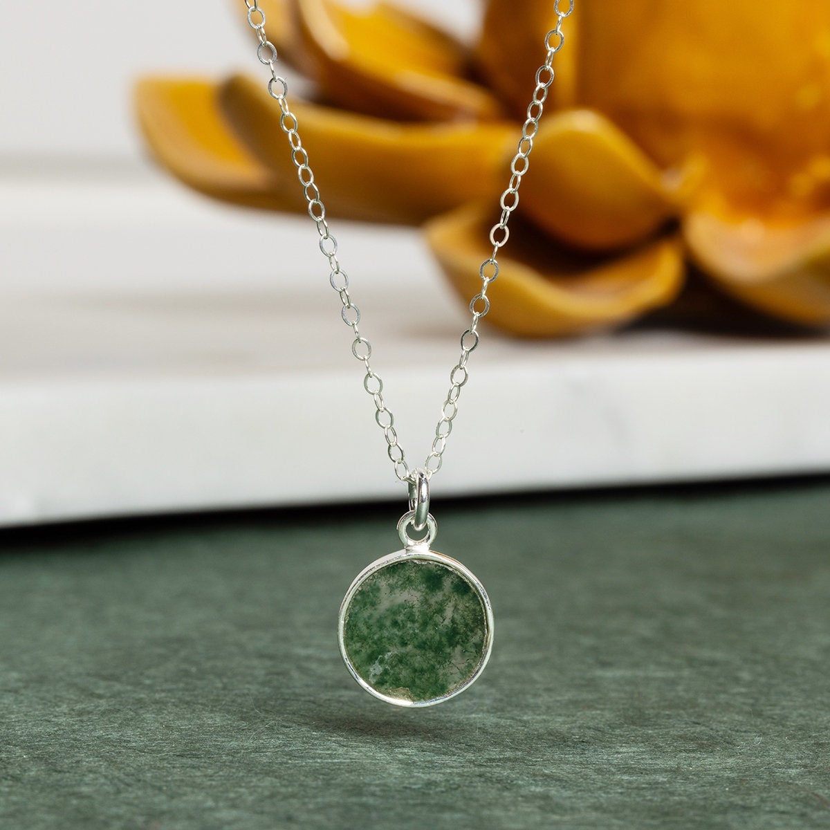 Moss Agate 925 Sterling Silver Round Disc Pendant on Cable Chain Necklaces Soul & Little Rose   