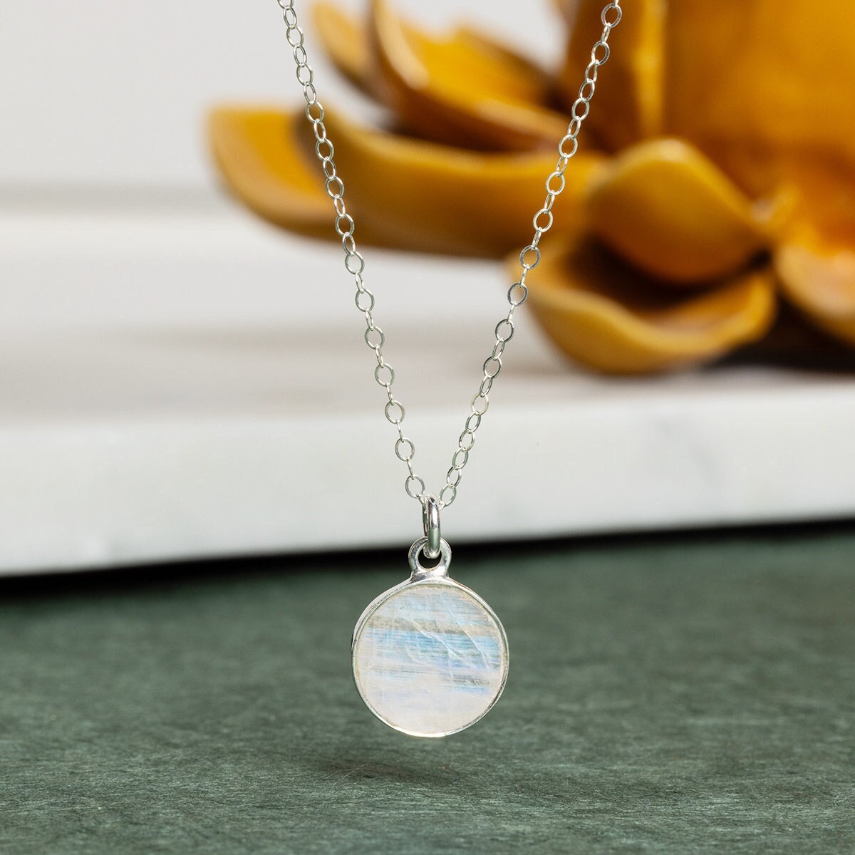 Moonstone 925 Sterling Silver Circle Shape Pendant on Cable Chain Necklaces Soul & Little Rose   