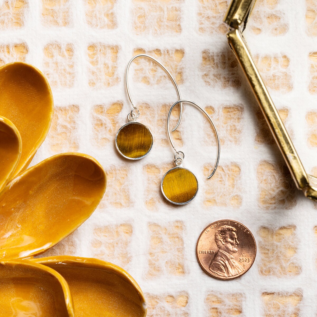 Tiger's Eye Round Disc Drop 925 Sterling Silver Long Earrings Earrings Soul & Little Rose   