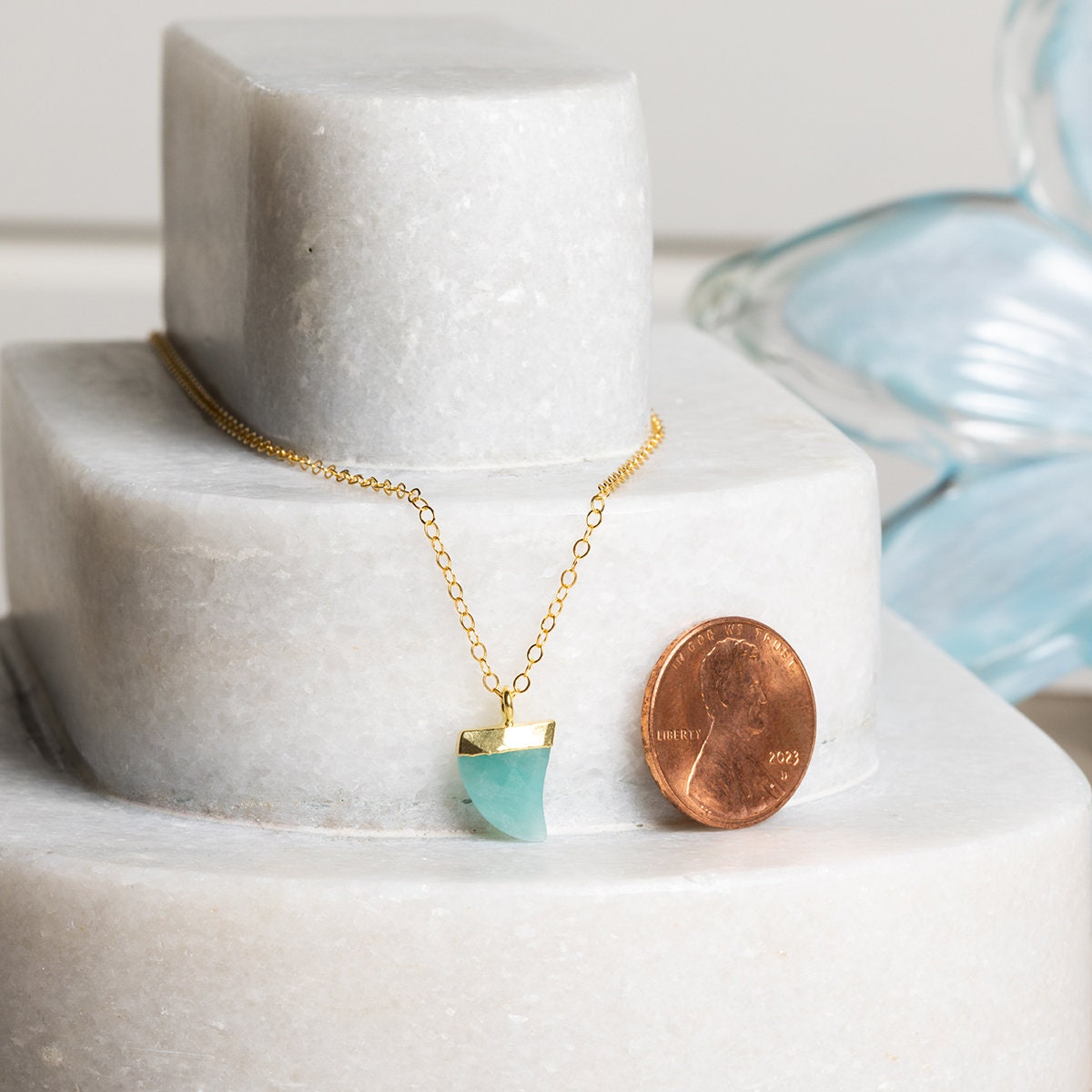 Amazonite Horn Charm Pendant Necklace on 14k Gold Filled Dainty Chain Necklaces Soul & Little Rose   