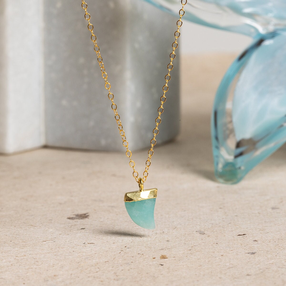 Amazonite Horn Charm Pendant Necklace on 14k Gold Filled Dainty Chain Necklaces Soul & Little Rose   