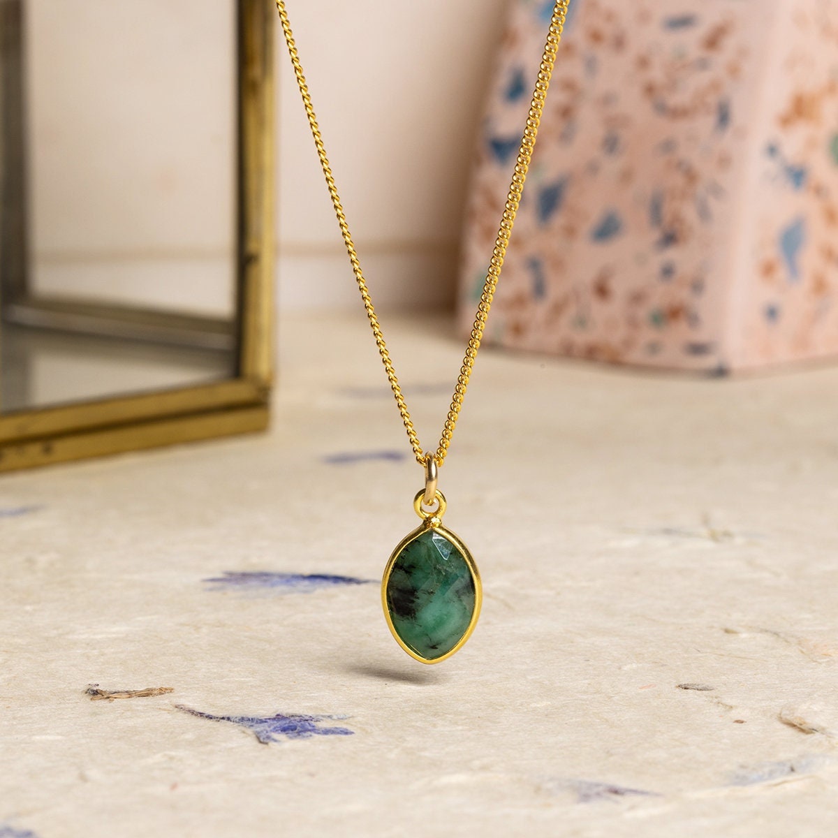 Raw Emerald Marquise Cut Drop Pendant Necklace 14k gold filled curb chain Necklaces Soul & Little Rose   
