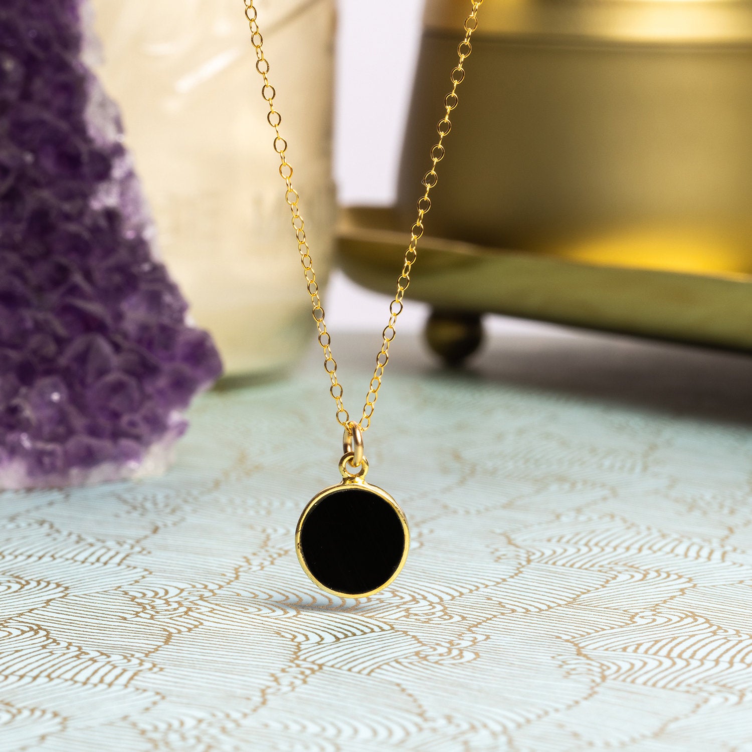 Black ONYX Jewelry Set - Circle Pendant Necklace AND matching dangle earrings Necklace and Earrings Set Soul & Little Rose   