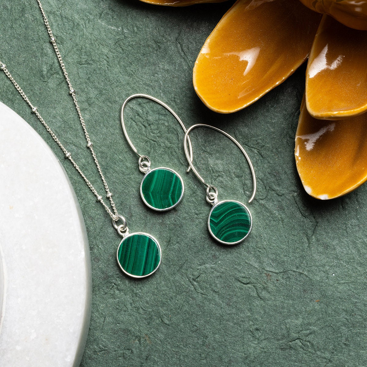 Malachite Silver Jewelry Set - Circle Pendant Necklace AND matching dangle earrings Necklace and Earrings Set Soul & Little Rose   