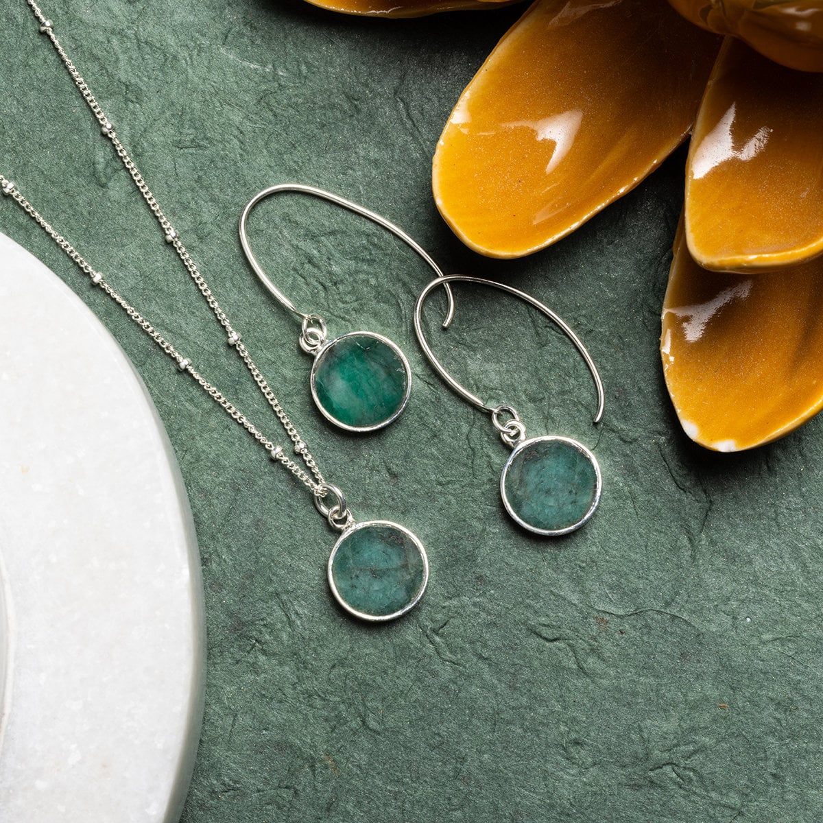 Raw Emerald Silver Jewelry Set - Circle Pendant Necklace AND matching dangle earrings Necklace and Earrings Set Soul & Little Rose   