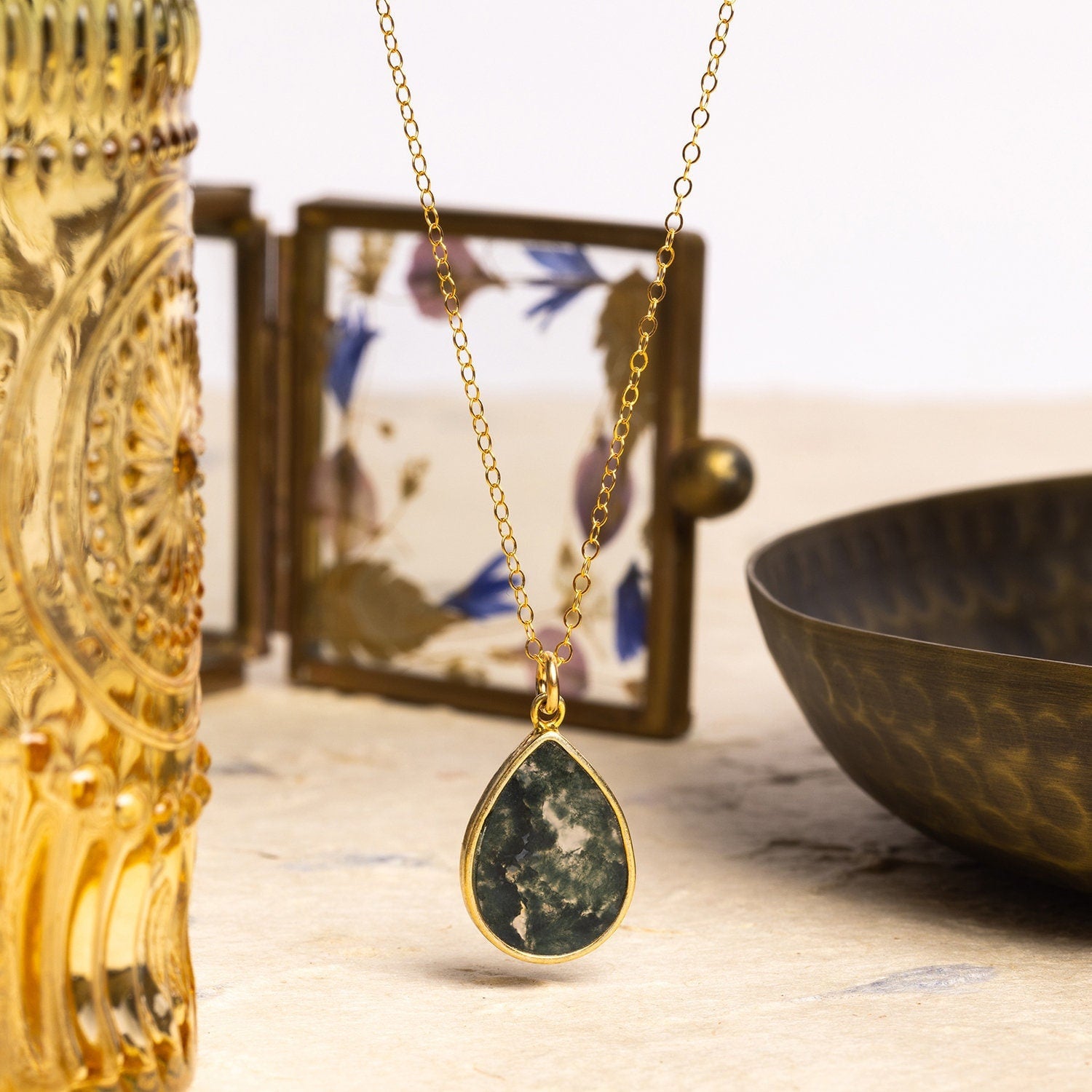 Moss Agate Drop Pendant Necklace 14k Gold Filled Delicate chain Necklaces Soul & Little Rose   