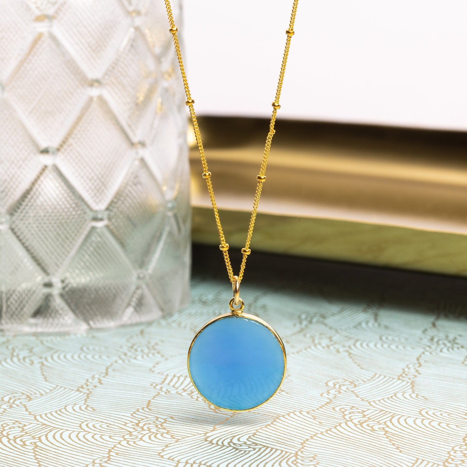 Blue Chalcedony Round Circle Pendant Necklace 14k Gold Filled Chain Necklaces Soul & Little Rose   