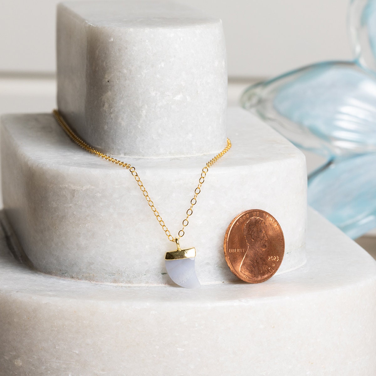 Dainty Blue Lace Agate Horn Shaped Pendant Necklace on 14k Gold filled chain Necklaces Soul & Little Rose   