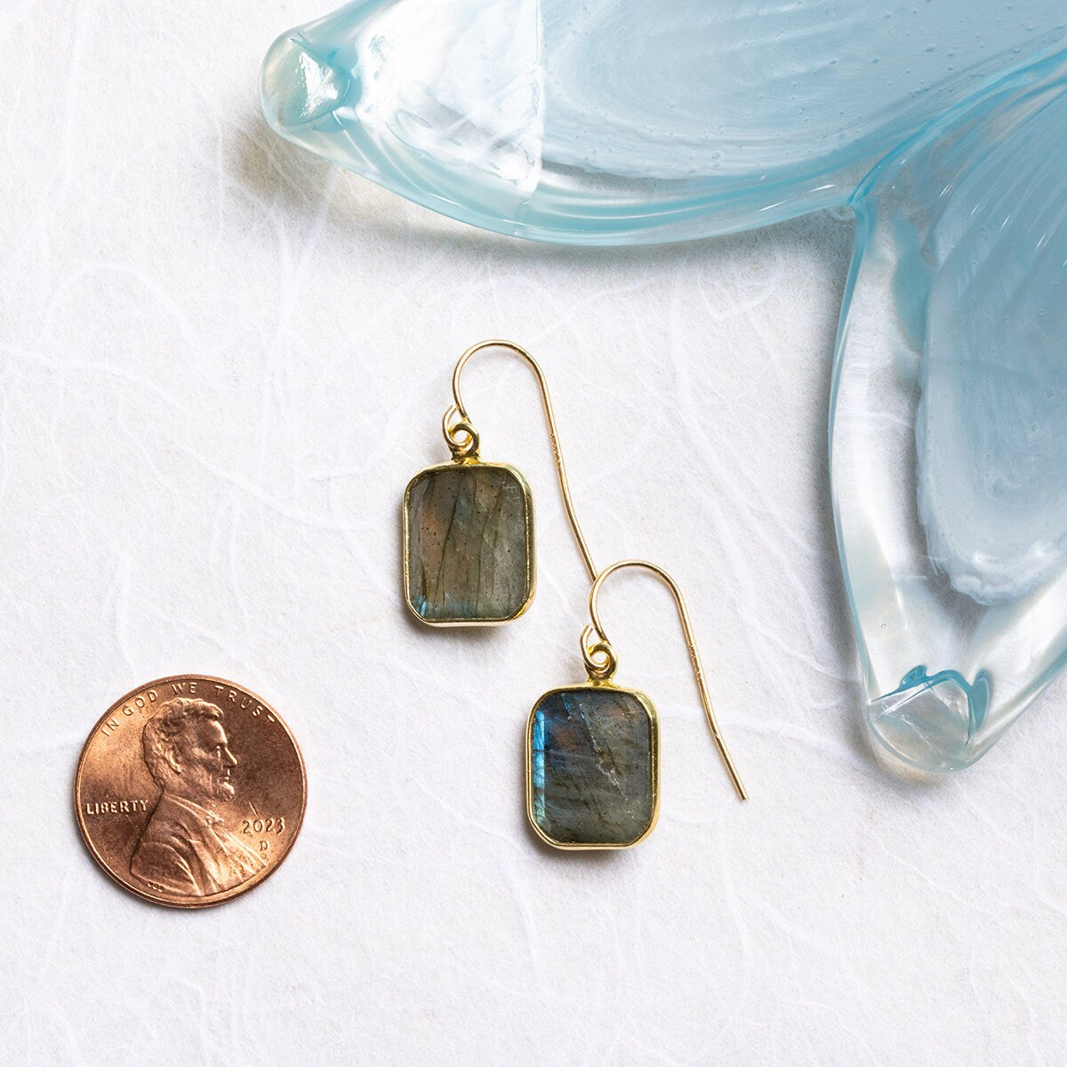 Labradorite Emerald Cut Gold Drop Dangle Earrings Earrings Soul & Little Rose   