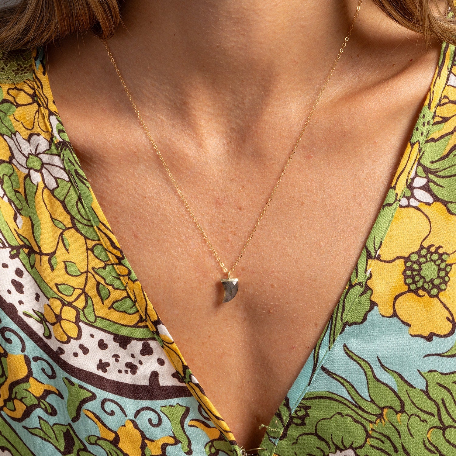 Small Labradorite Horn Charm Necklace on 14k Gold Filled Chain Necklaces Soul & Little Rose   