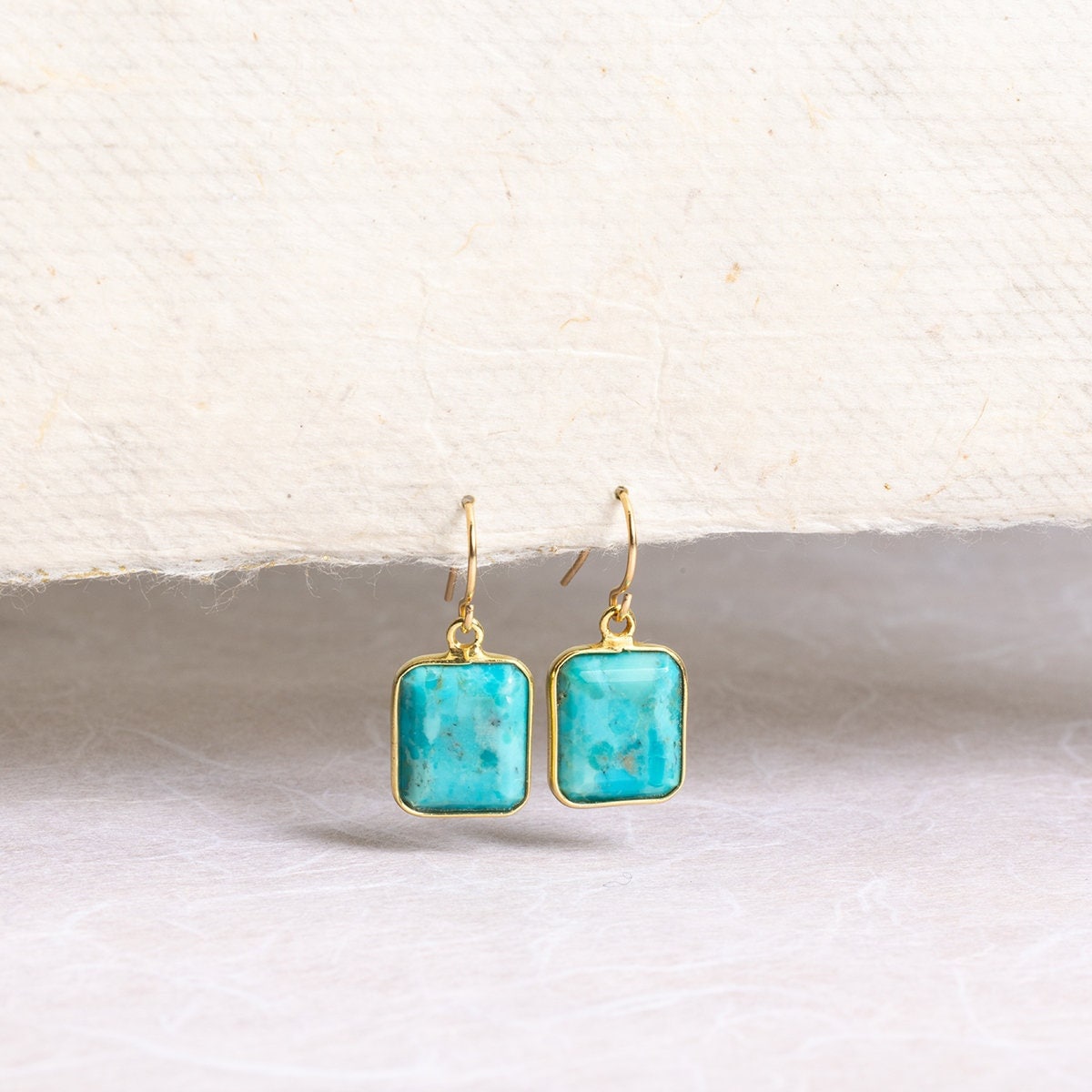 Turquoise Emerald Cut Drop Earrings 14k Gold Filled Ear Wire Earrings Soul & Little Rose   