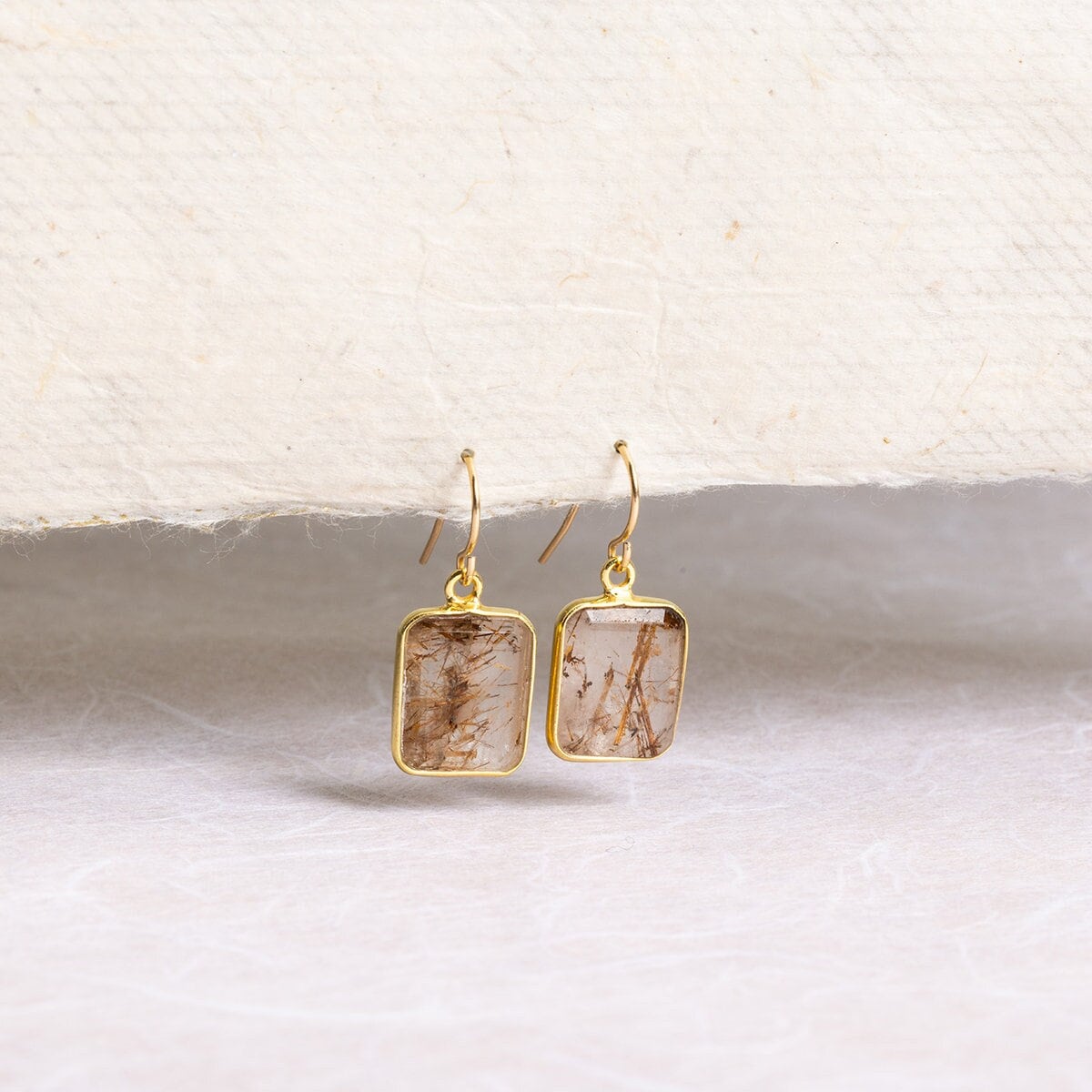 Copper Rutilated Quartz Emerald Cut Drop Earrings 14k Gold Ear wires Earrings Soul & Little Rose   