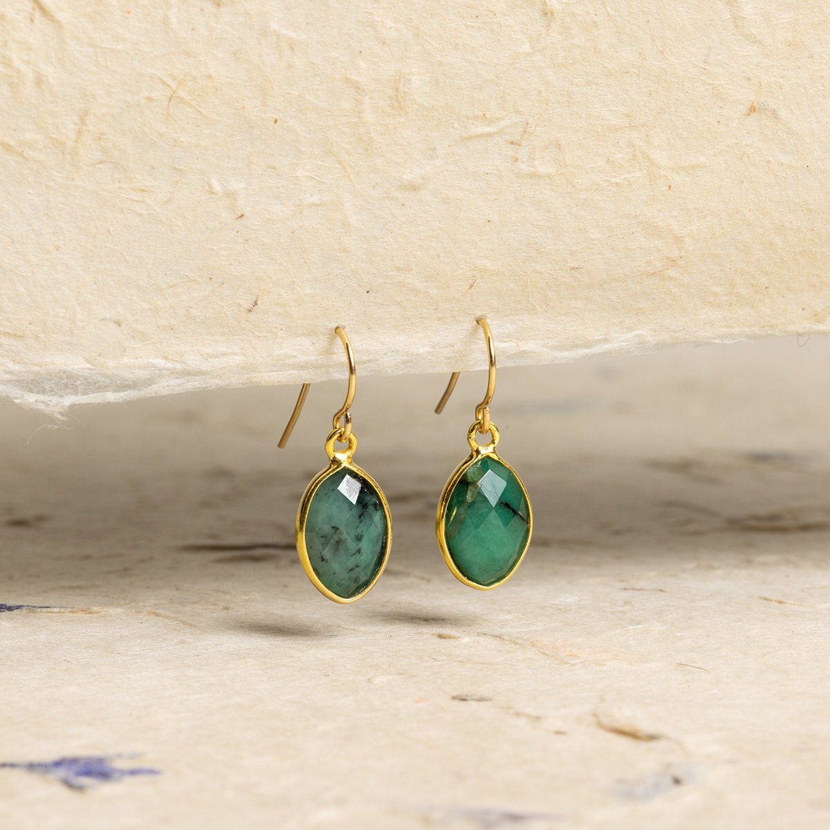 Raw Emerald Marquise Cut Drop Earrings 14k Gold Filled Ear wires Earrings Soul & Little Rose   