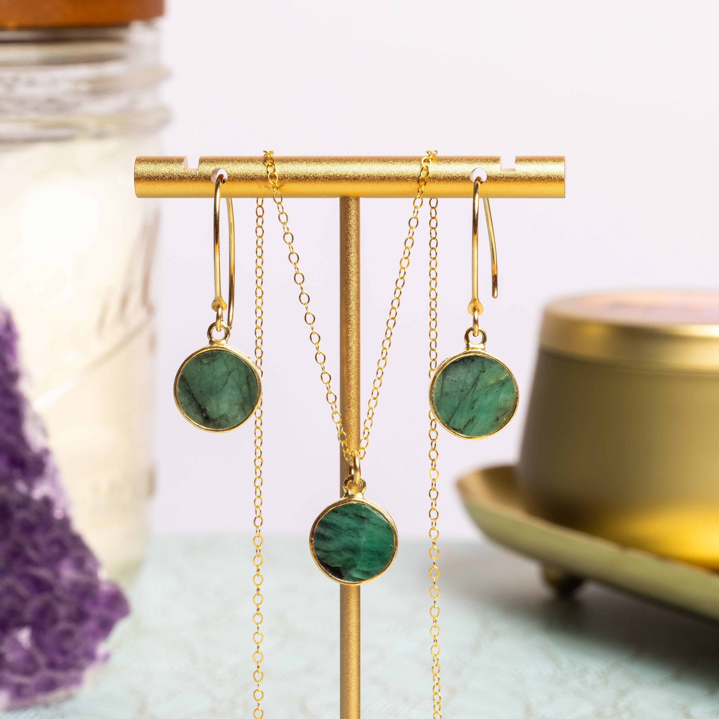 Raw Emerald Jewelry Set - Circle Pendant Necklace AND set of matching dangle earrings Necklace and Earrings Set Soul & Little Rose   