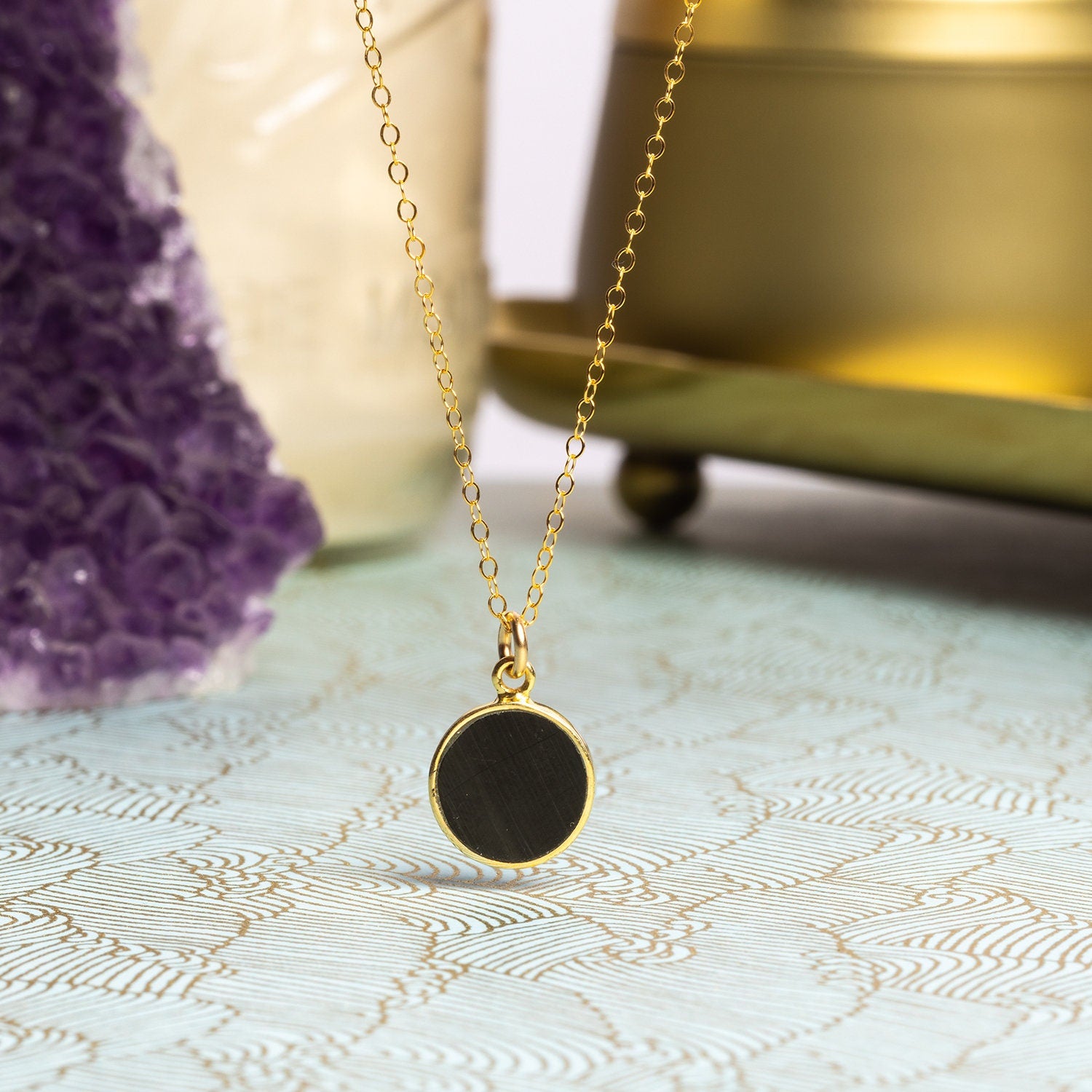 Black Obsidian Jewelry Set - Circle Pendant Necklace AND matching dangle earrings Necklace and Earrings Set Soul & Little Rose   