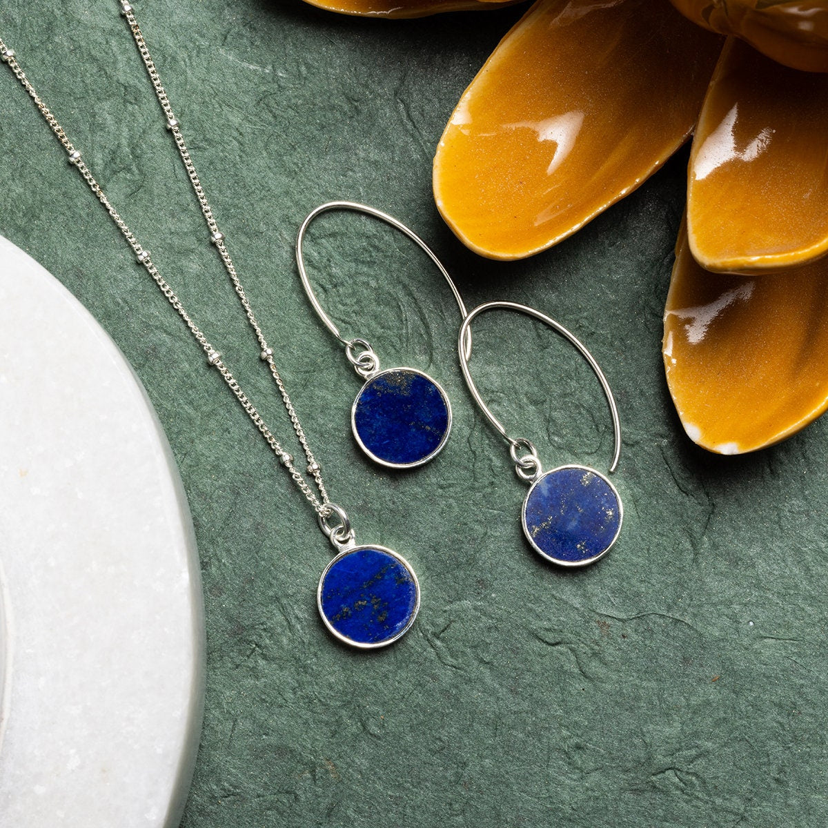 Lapis Lazuli Silver Jewelry Set - Circle Pendant Necklace AND matching dangle earrings Necklace and Earrings Set Soul & Little Rose   