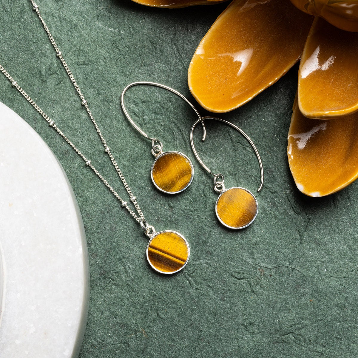 Tiger's Eye Silver Jewelry Set - Circle Pendant Necklace AND matching dangle earrings Necklace and Earrings Set Soul & Little Rose   