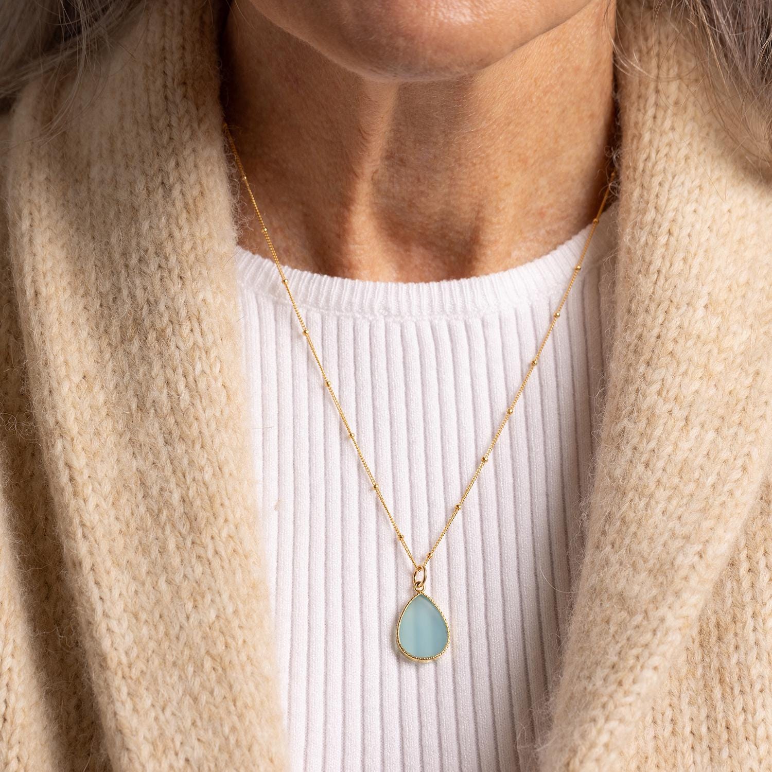 Aqua Chalcedony Gold Drop Necklace on 14K Gold FilledSatellite Chain Necklaces Soul & Little Rose   