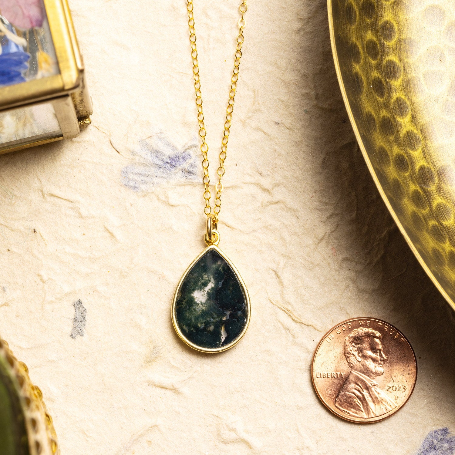 Moss Agate Drop Pendant Necklace 14k Gold Filled Delicate chain Necklaces Soul & Little Rose   