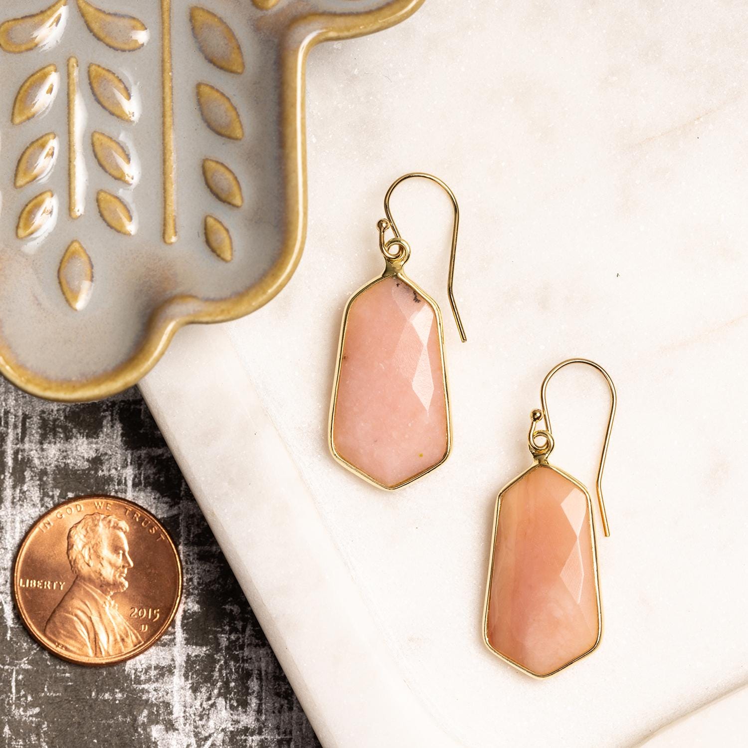 Pink Opal Large Hexagon Drop Earrings on 14k Gold Filled Earwires Earrings Soul & Little Rose