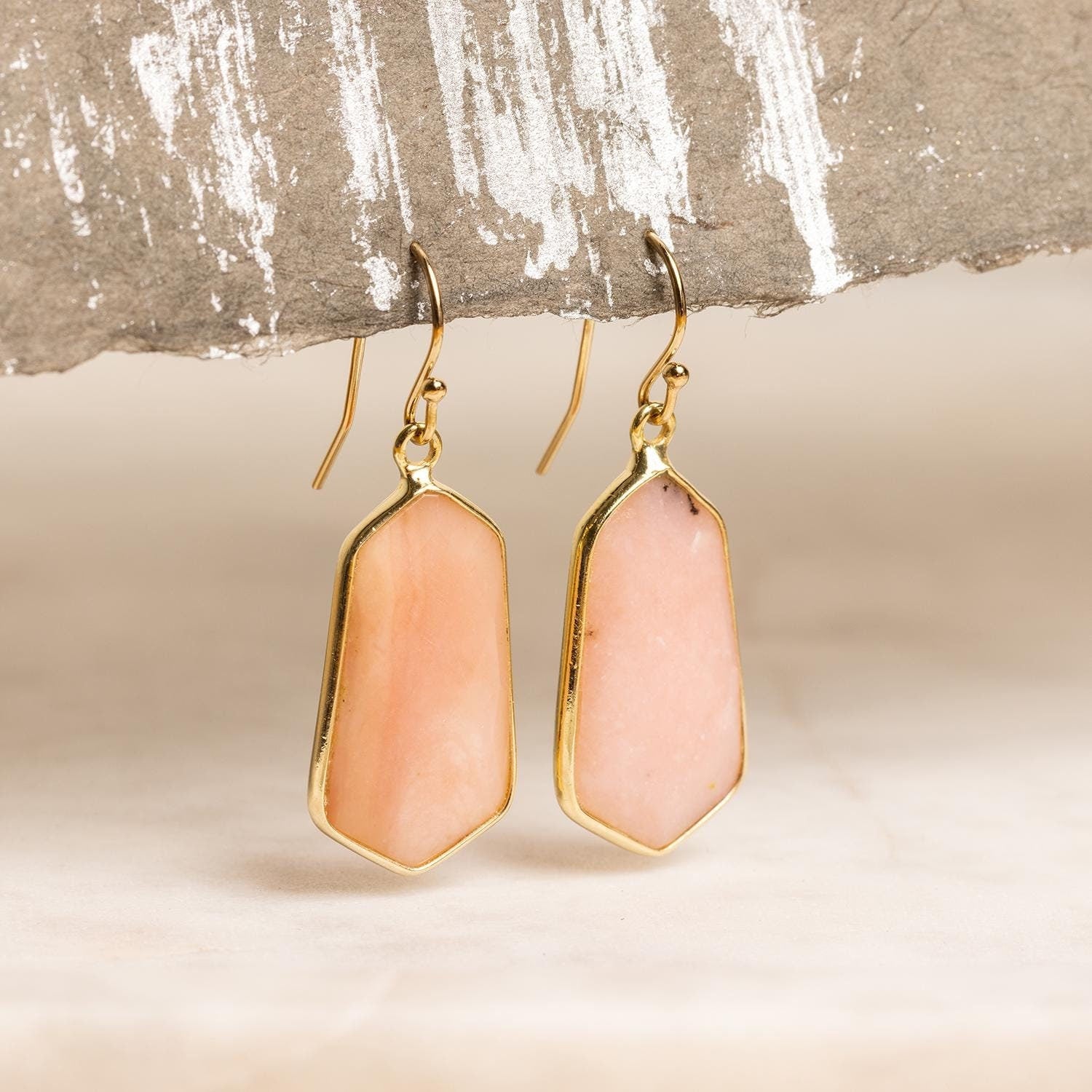Pink Opal Large Hexagon Drop Earrings on 14k Gold Filled Earwires Earrings Soul & Little Rose