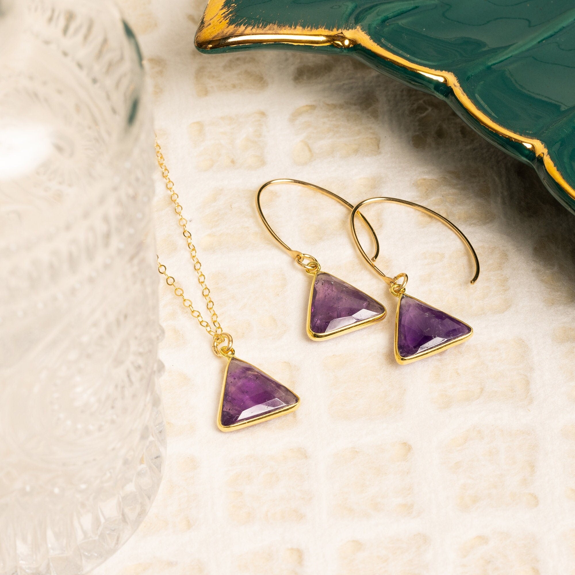 Amethyst Triangle Gemstone Necklace and Earrings SET Necklace and Earrings Set Soul & Little Rose   