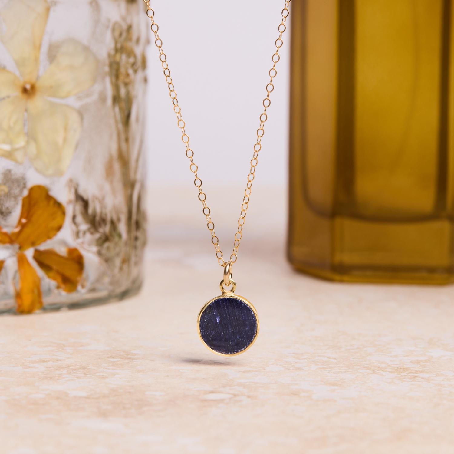 September Birthstone - Gold Raw Sapphire Round Gemstone Necklace Necklaces Soul & Little Rose
