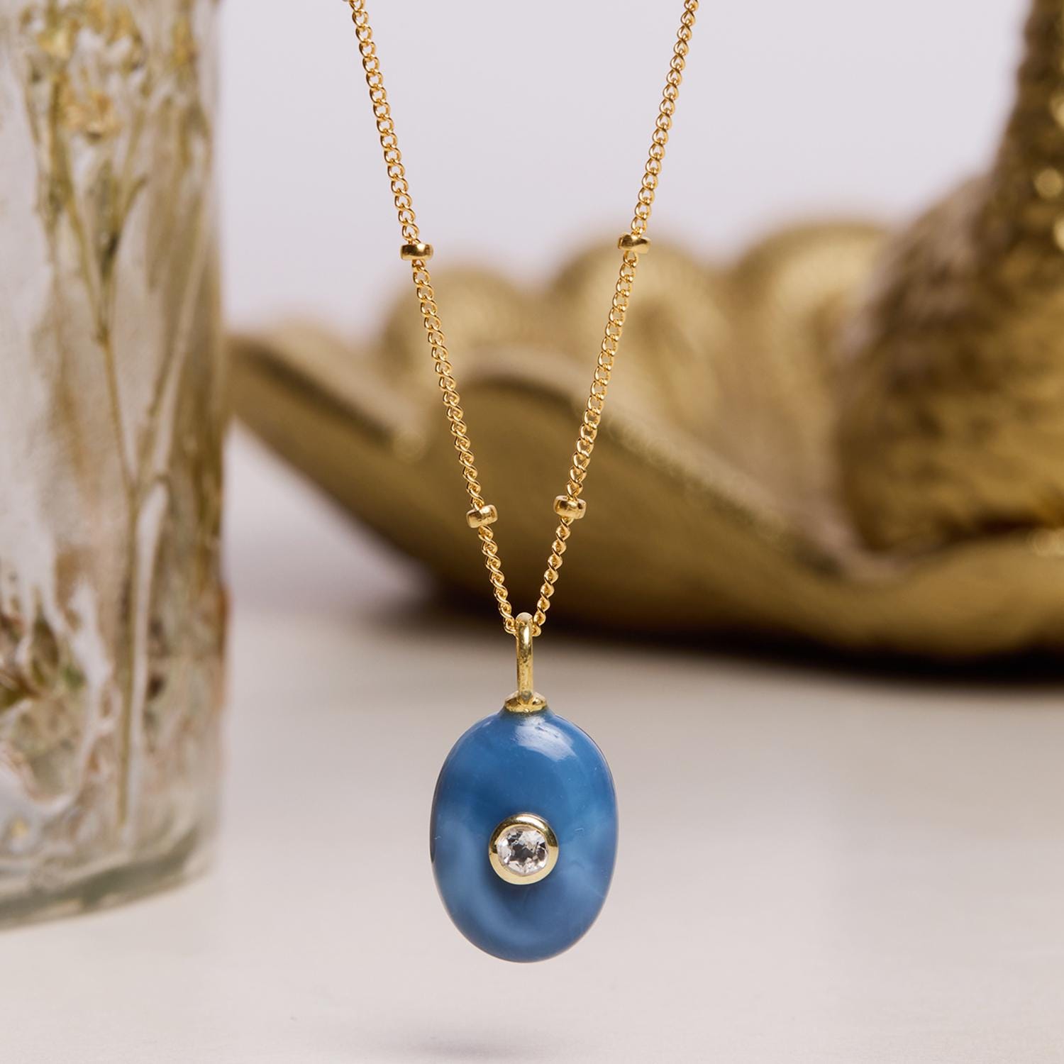 Blue Opal Oval CZ Gemstone Necklace 14k Gold Filled Satellite Chain Necklaces Soul & Little Rose