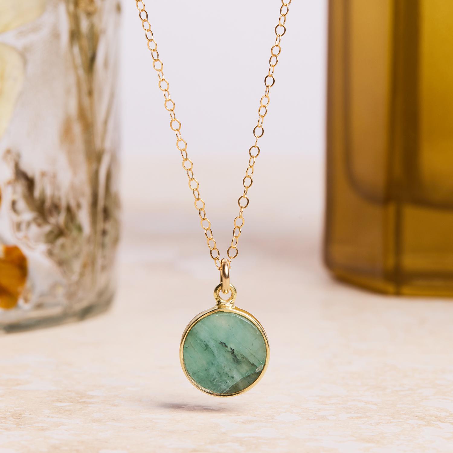 May Birthstone - Gold Raw Emerald Round Gemstone Necklace Necklaces Soul & Little Rose