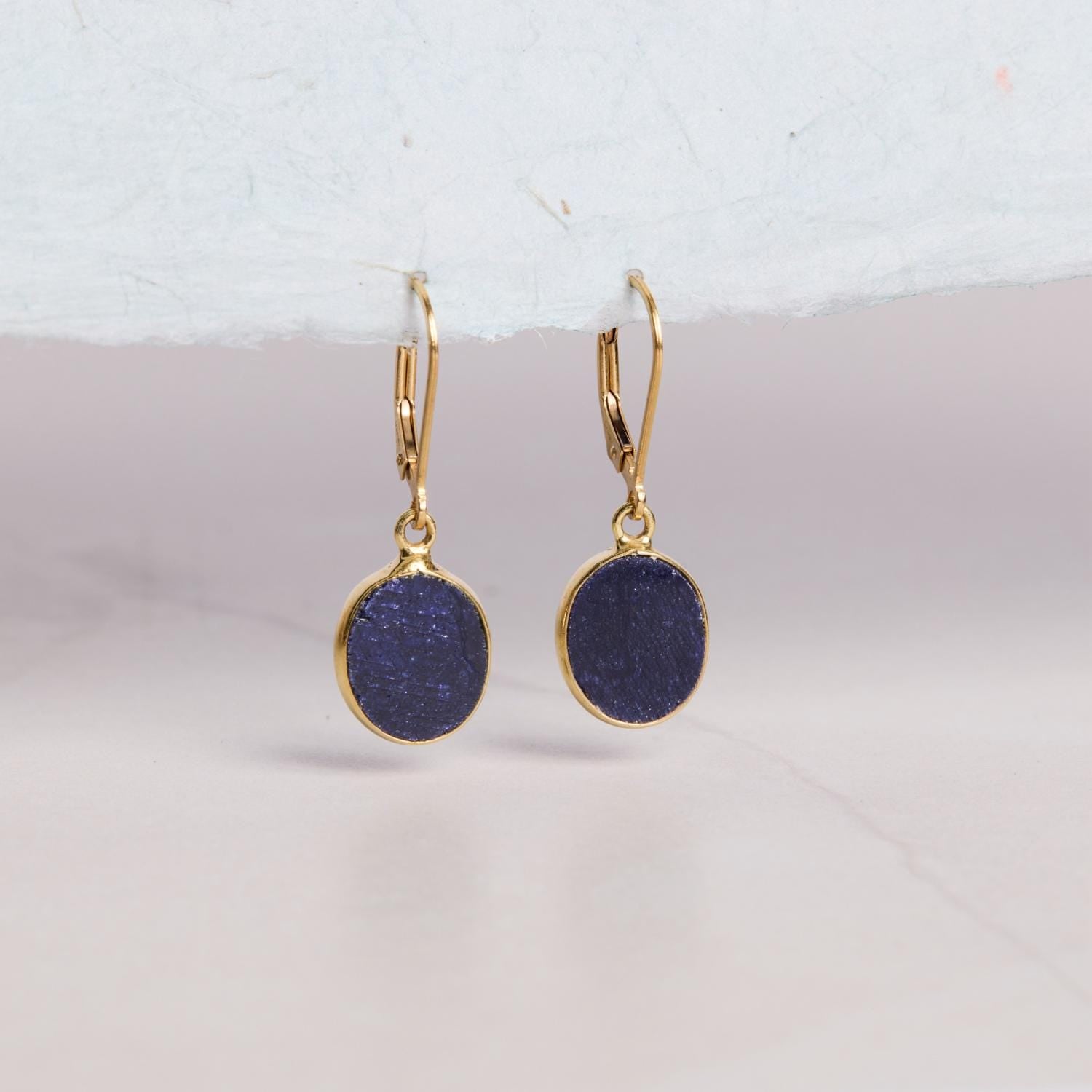 September Birthstone Raw Sapphire Gold Oval Gemstone Earrings - 14k Gold Filled Earrings Soul & Little Rose