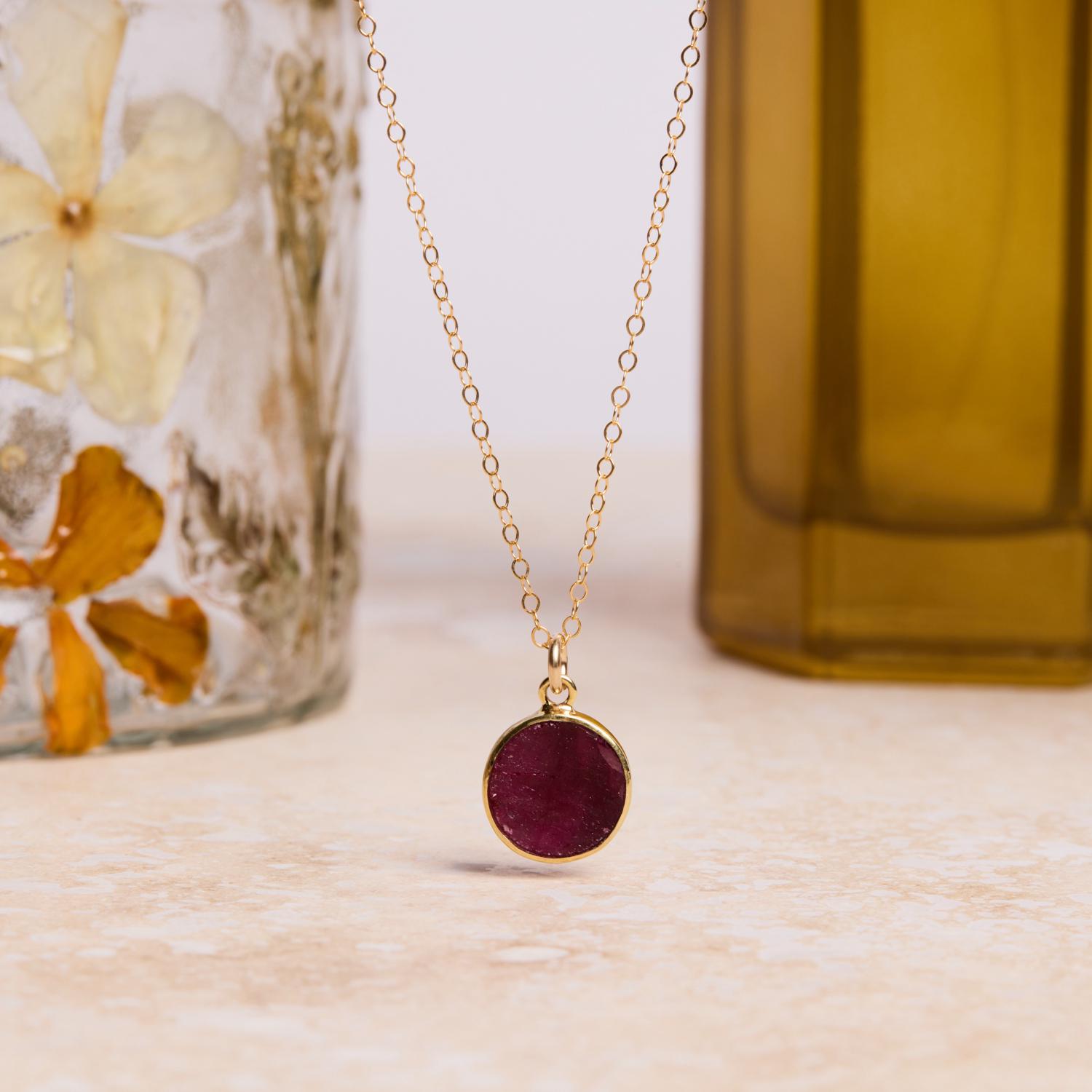 July Birthstone - Gold Raw Ruby Round Gemstone Necklace Necklaces Soul & Little Rose