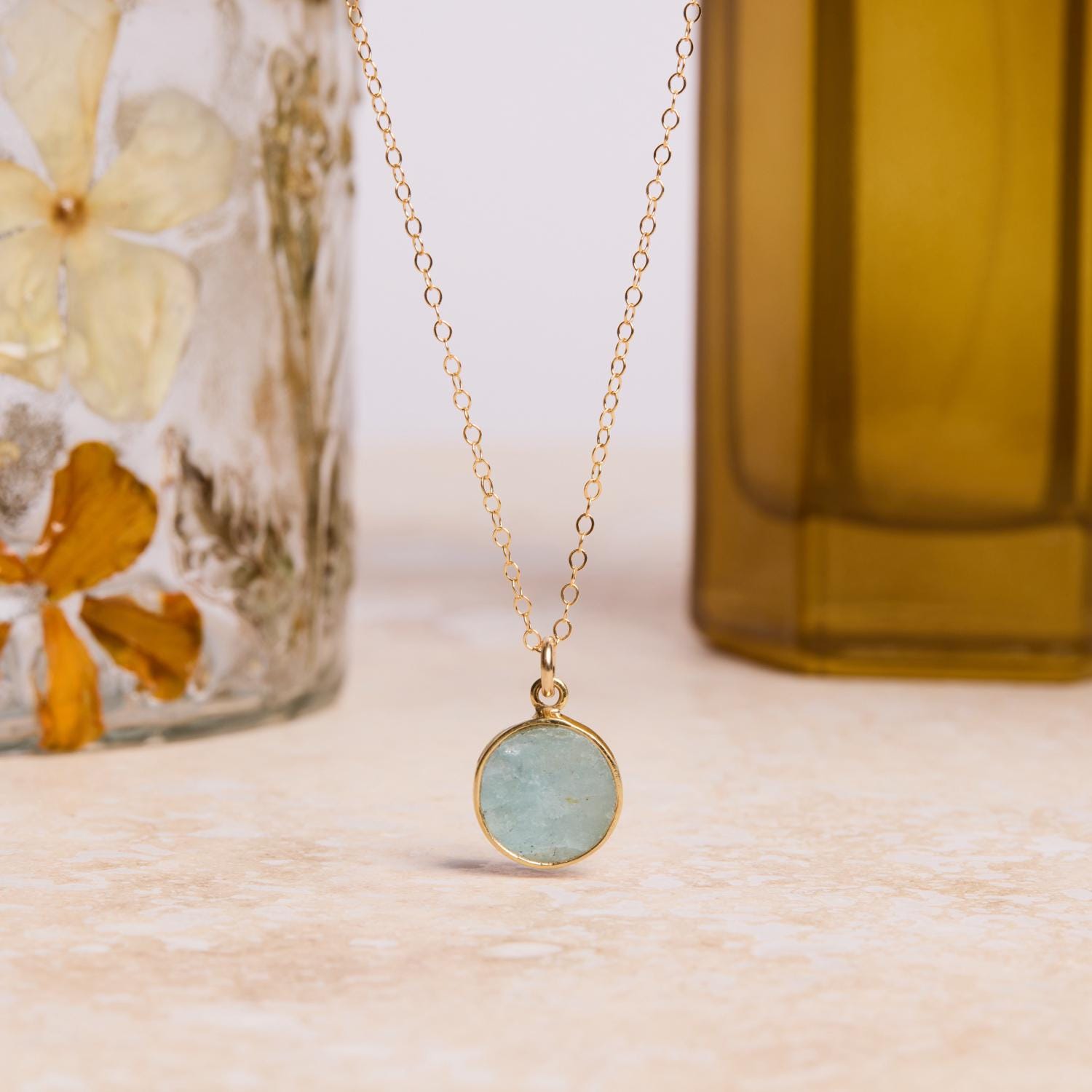 March Birthstone - Gold Aquamarine Round Gemstone Necklace Necklaces Soul & Little Rose
