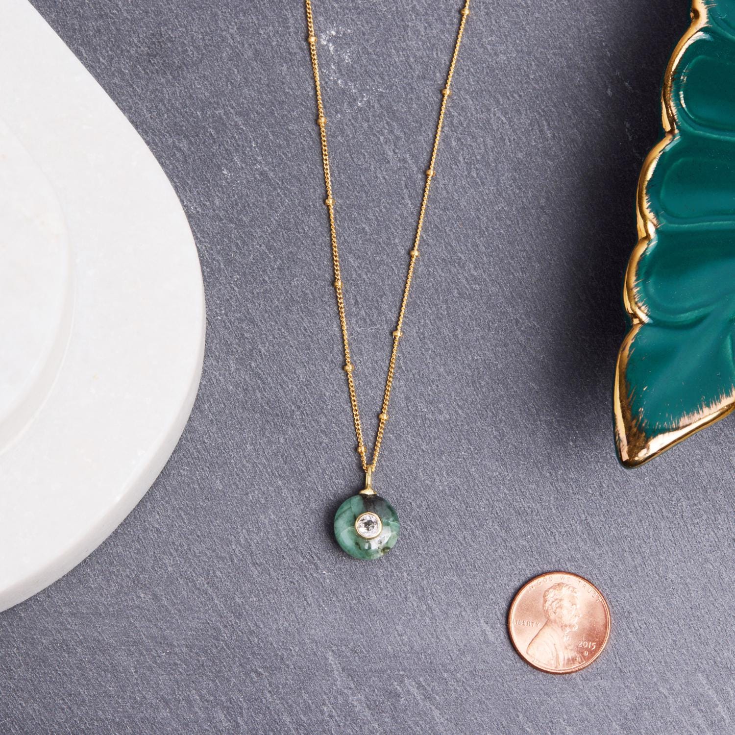 Emerald and Topaz Rounded Pendant on 14k Gold Filled Delicate Chain Necklaces Soul & Little Rose