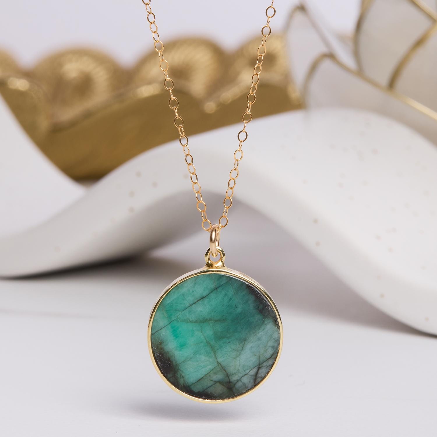 Emerald Geometric Circle Pendant on Minimalist Gold Cable Chain Necklaces Soul & Little Rose