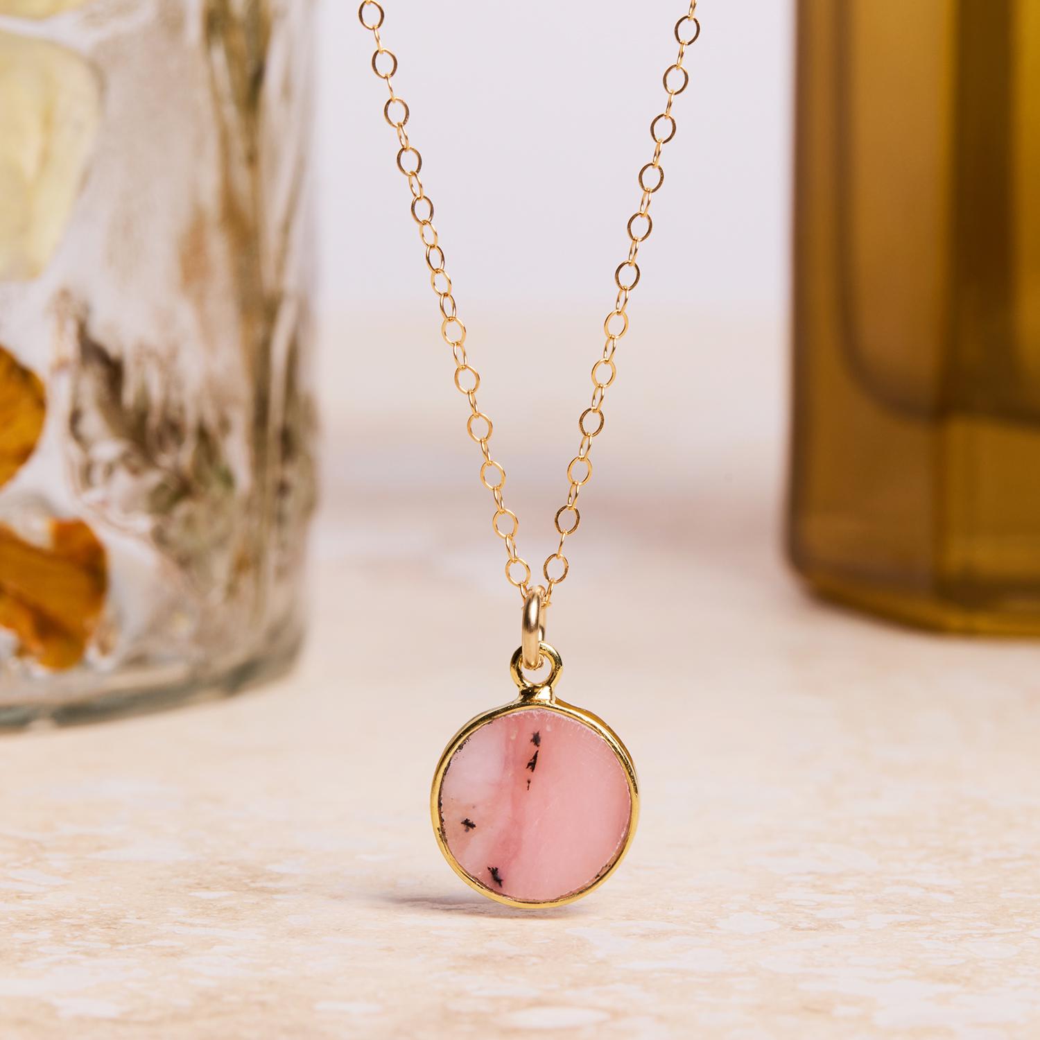 October Birthstone - Gold Pink Opal Round Gemstone Necklace Necklaces Soul & Little Rose