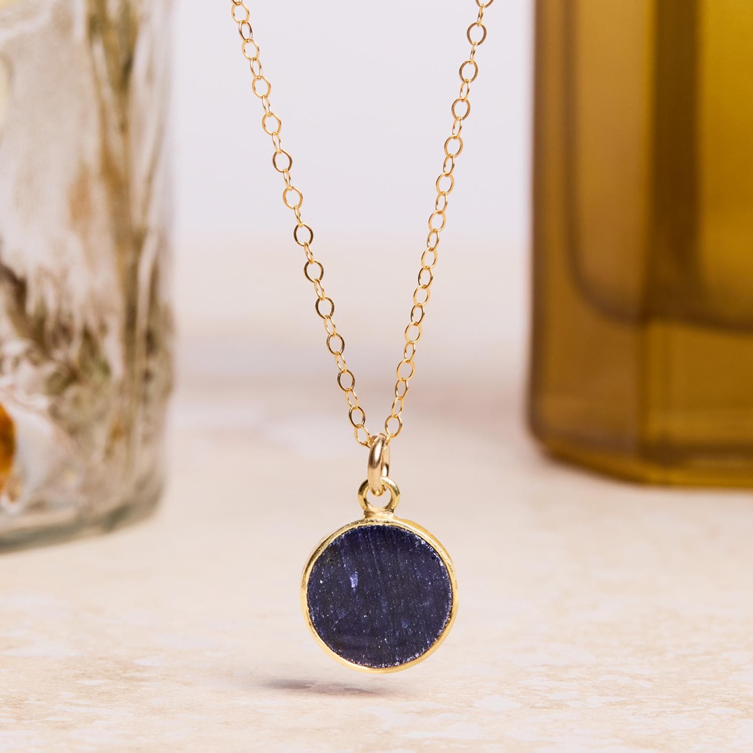 September Birthstone - Gold Raw Sapphire Round Gemstone Necklace Necklaces Soul & Little Rose