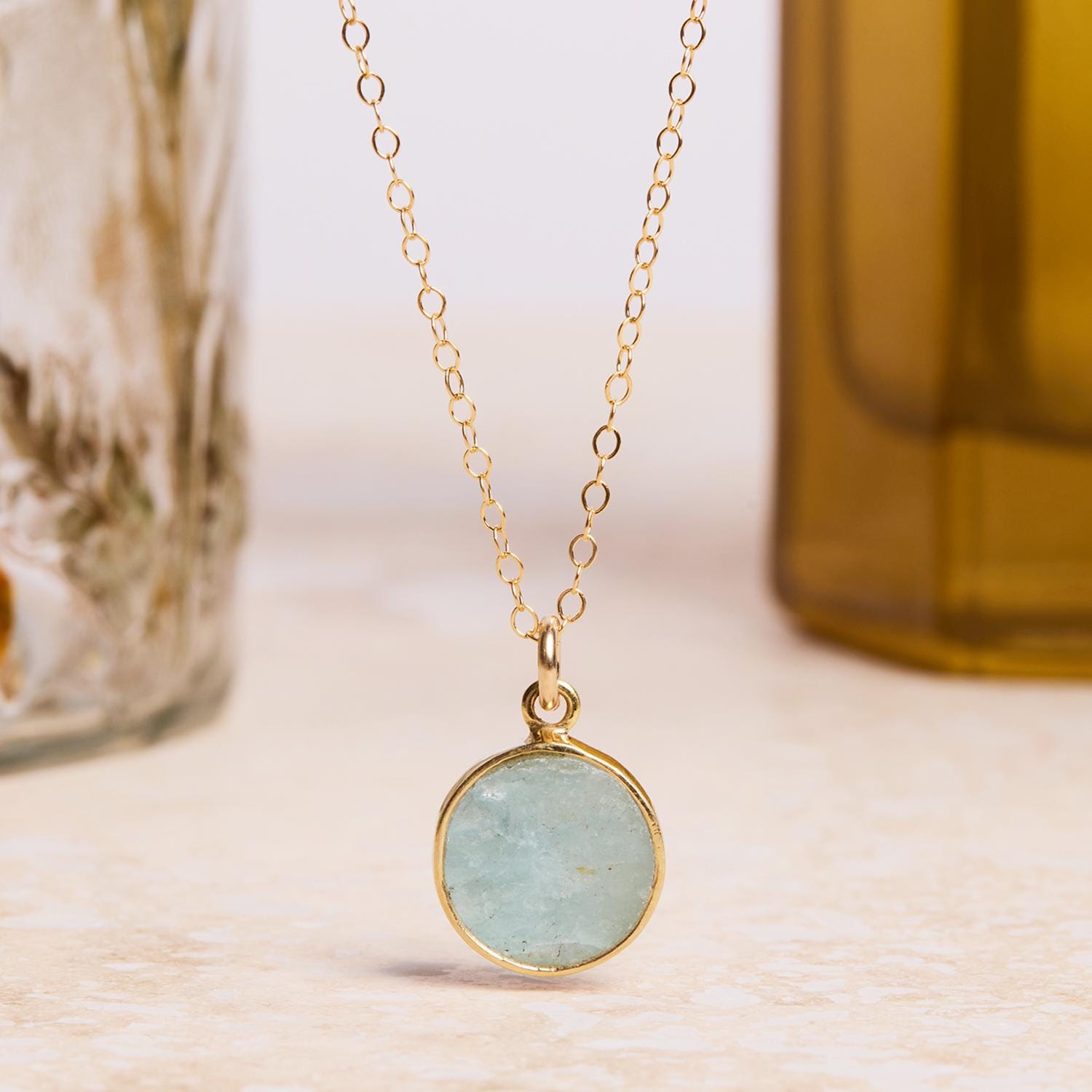 March Birthstone - Gold Aquamarine Round Gemstone Necklace Necklaces Soul & Little Rose