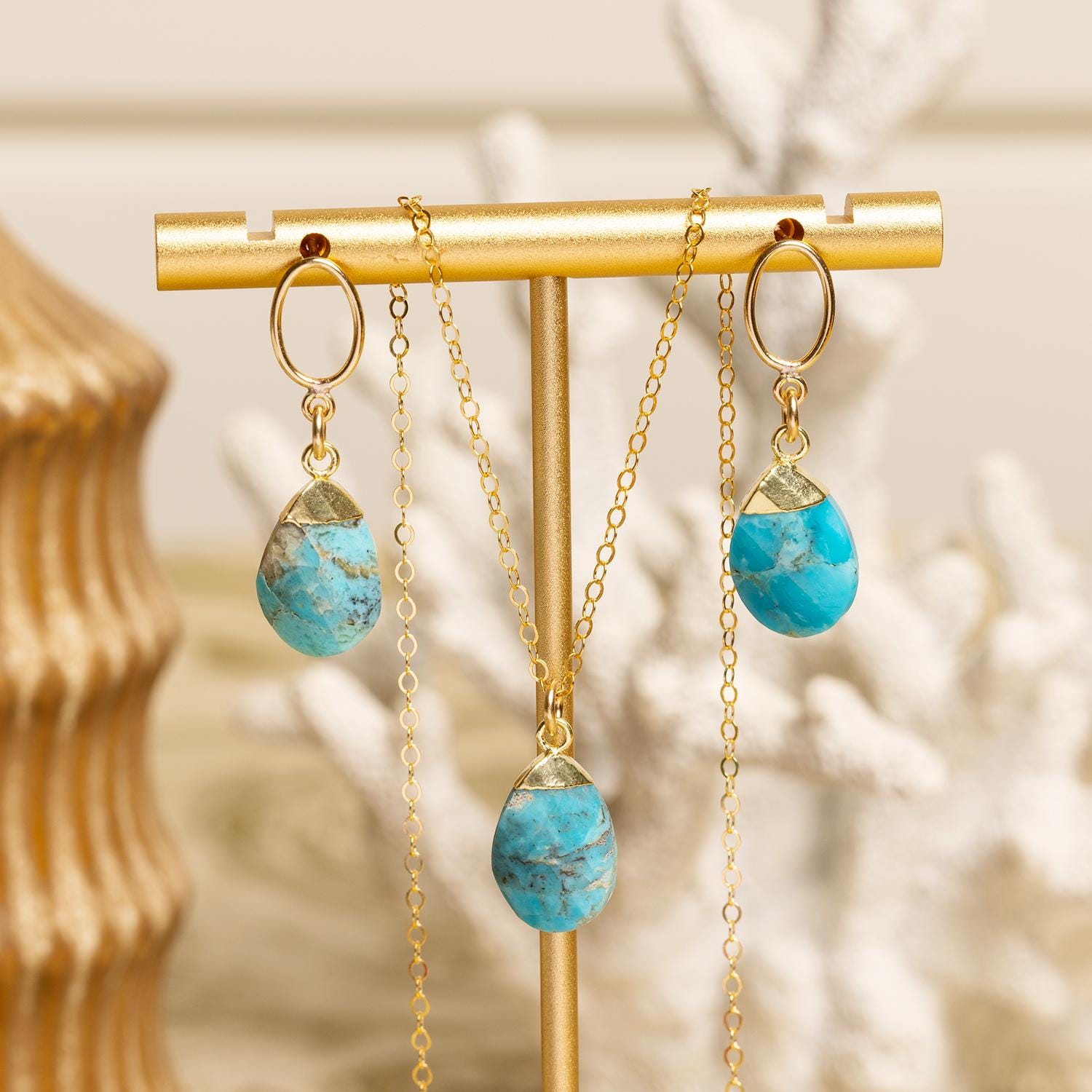 Turquoise Gold Oval Pebble Style Drop Pendant Necklace and Pushback Earrings Necklace and Earrings Set Soul & Little Rose