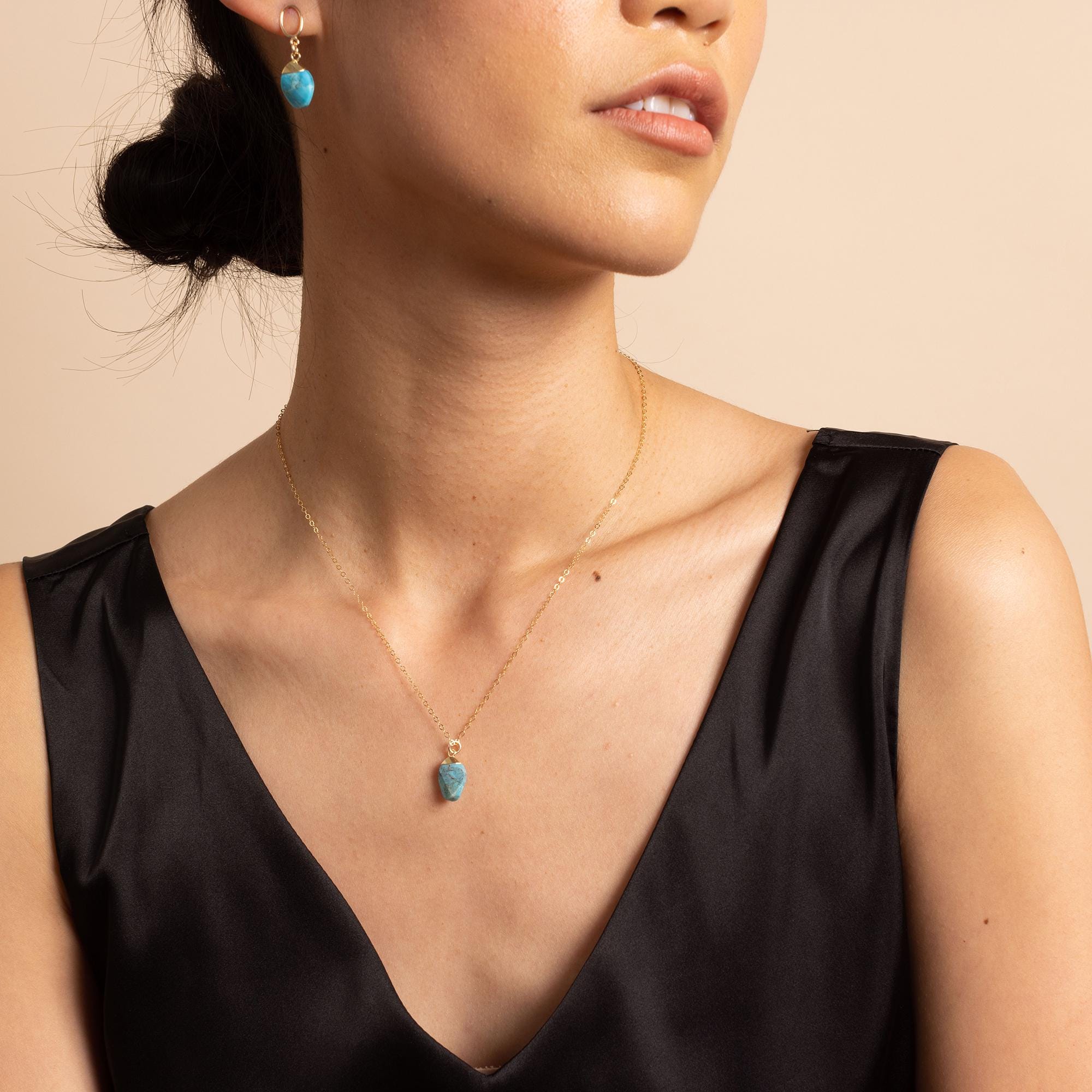 Turquoise Gold Oval Pebble Style Drop Pendant Necklace and Pushback Earrings Necklace and Earrings Set Soul & Little Rose
