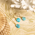Turquoise Gold Oval Pebble Style Drop Pendant Necklace and Pushback Earrings Necklace and Earrings Set Soul & Little Rose