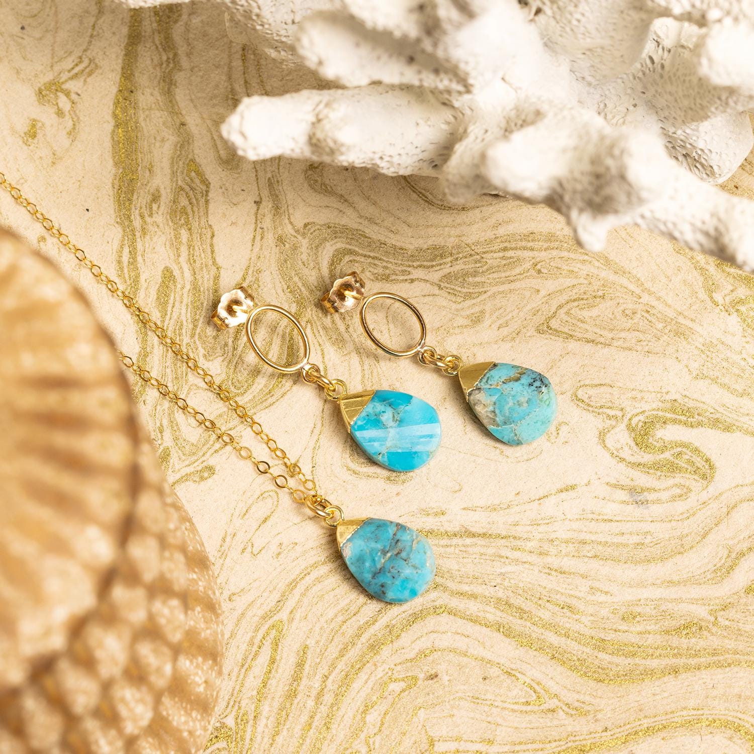Turquoise Gold Oval Pebble Style Drop Pendant Necklace and Pushback Earrings Necklace and Earrings Set Soul & Little Rose