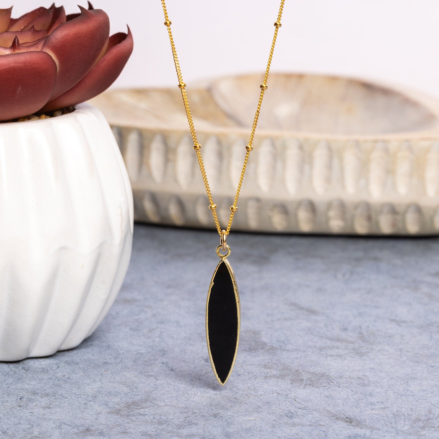 Gold Filled Elongated Marquise Black Onyx Pendant Necklace Necklaces Soul & Little Rose